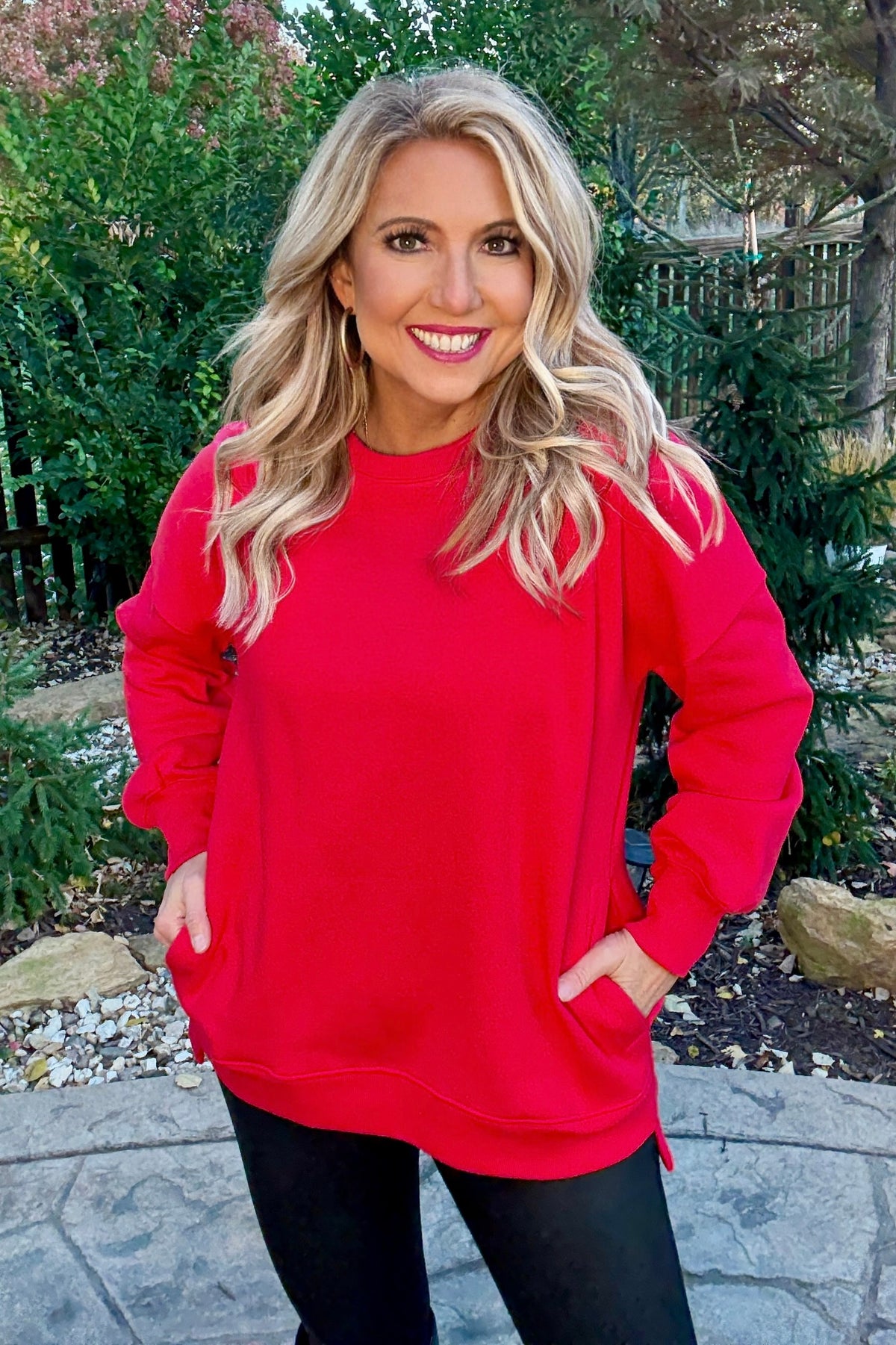 Willow Fleece Hi-Low Boyfriend Sweatshirt with Pockets : Ruby