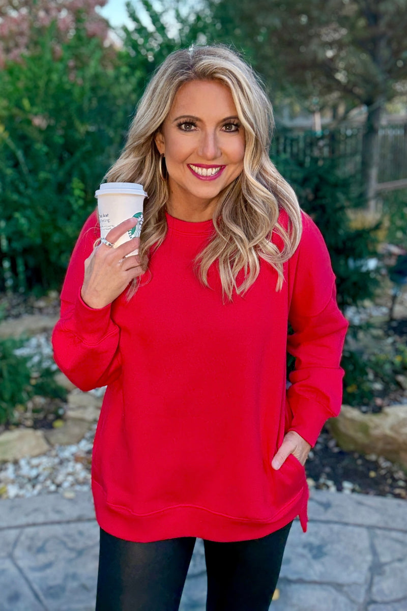 Willow Fleece Hi-Low Boyfriend Sweatshirt with Pockets : Ruby