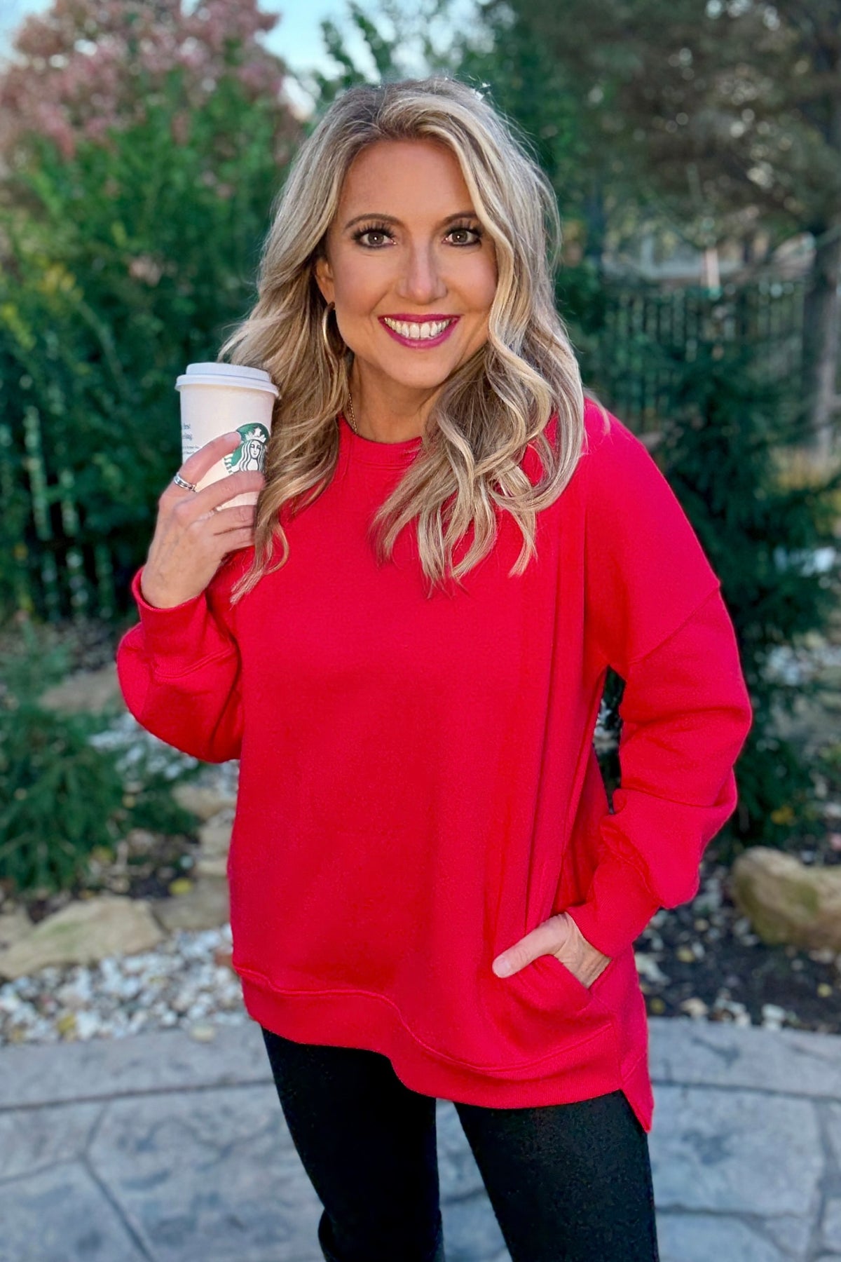 Willow Fleece Hi-Low Boyfriend Sweatshirt with Pockets : Ruby