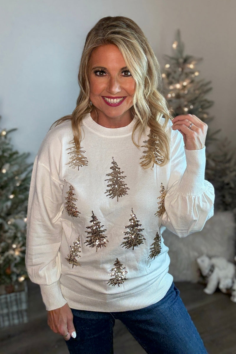 Sakura Tree Sequin Detail Knitted Sweater : Cream