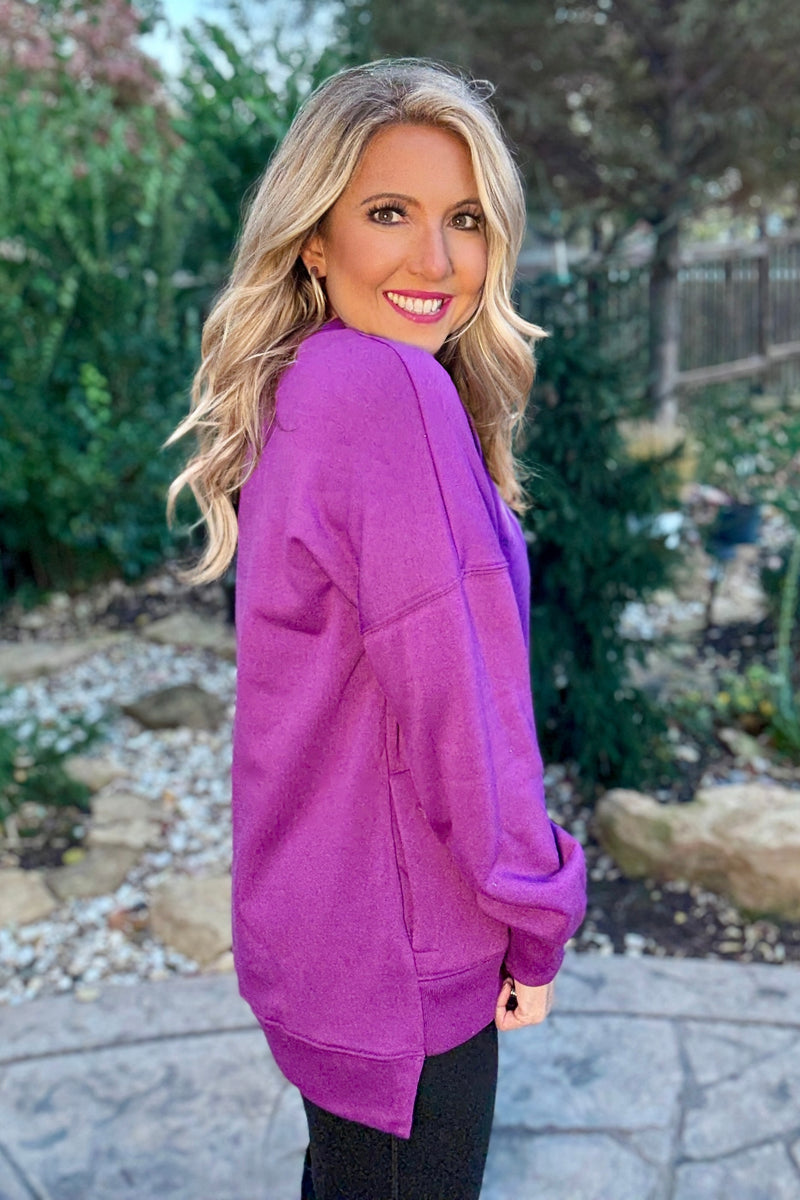 Willow Fleece Hi-Low Boyfriend Sweatshirt with Pockets : Plum