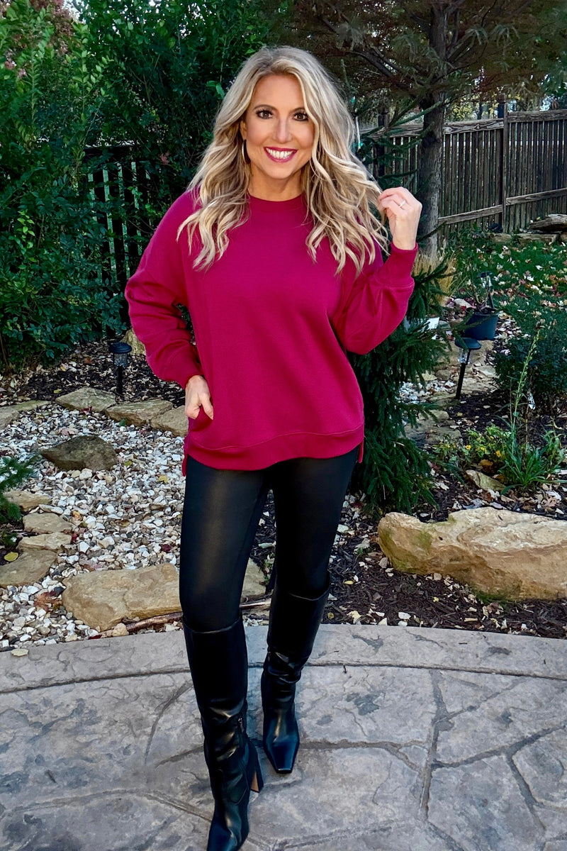 Willow Fleece Hi-Low Boyfriend Sweatshirt with Pockets : Cabernet