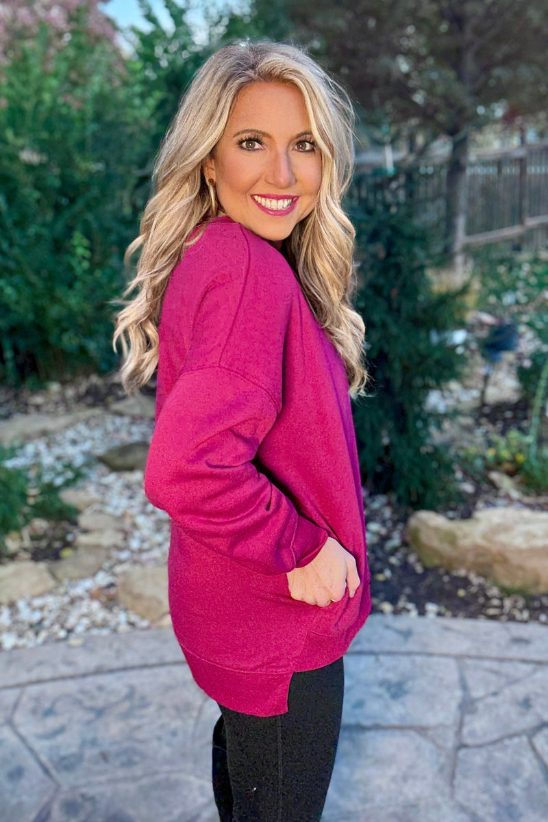 Willow Fleece Hi-Low Boyfriend Sweatshirt with Pockets : Cabernet