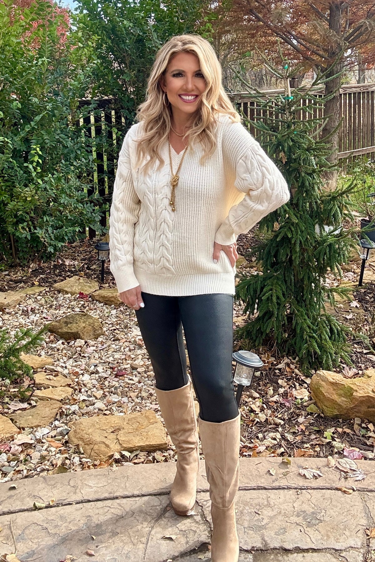 Alyvia V Neck Cable Detail Knitted Sweater : Cream