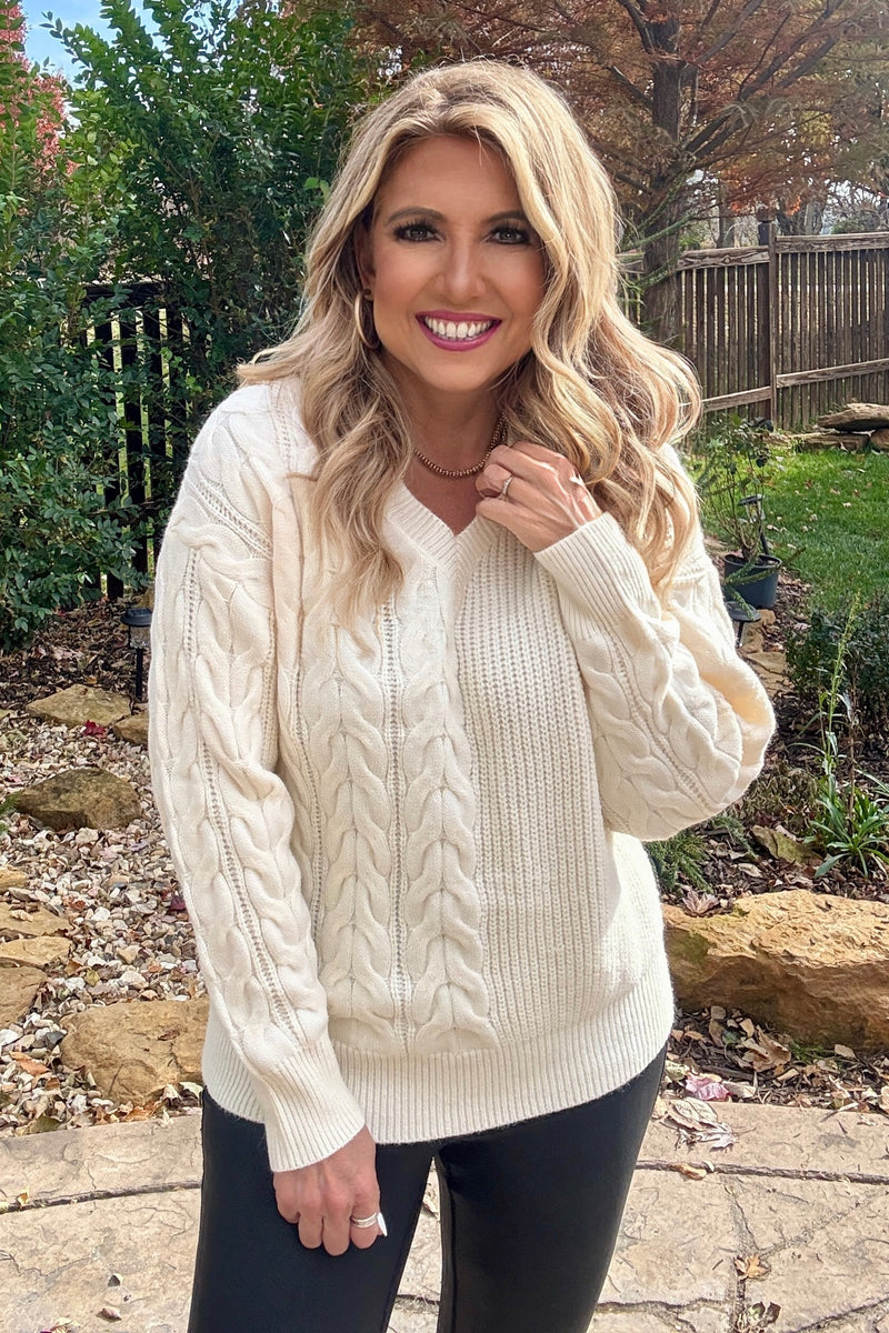 Alyvia V Neck Cable Detail Knitted Sweater : Cream