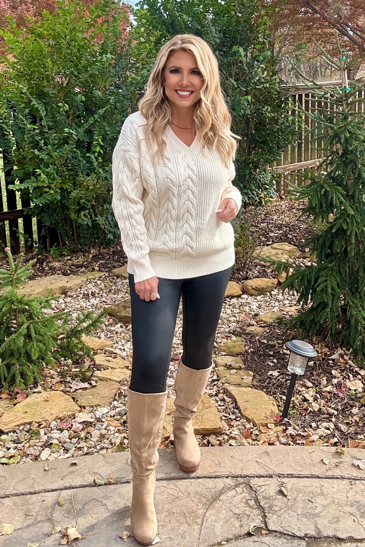 Alyvia V Neck Cable Detail Knitted Sweater : Cream