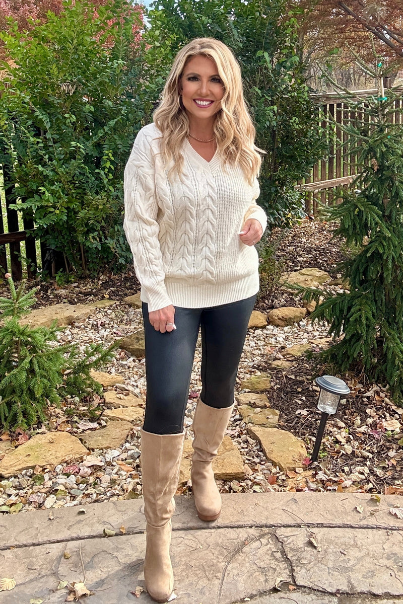 Alyvia V Neck Cable Detail Knitted Sweater : Cream