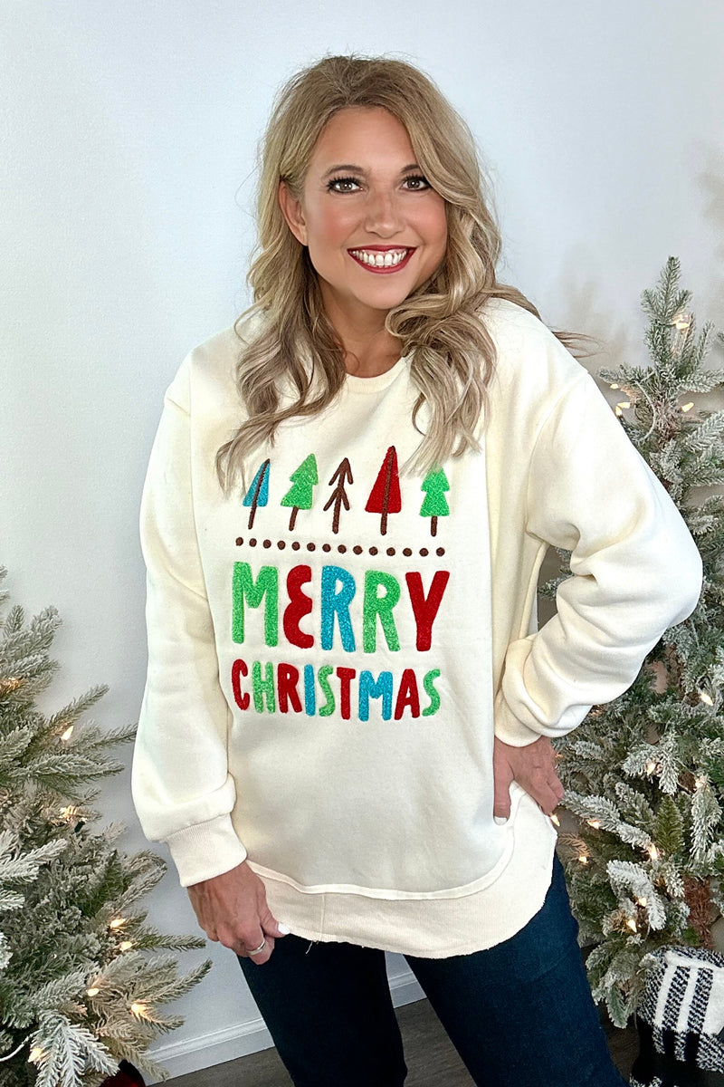 Merry Christmas Tree Sweatshirt: Ivory & Multi