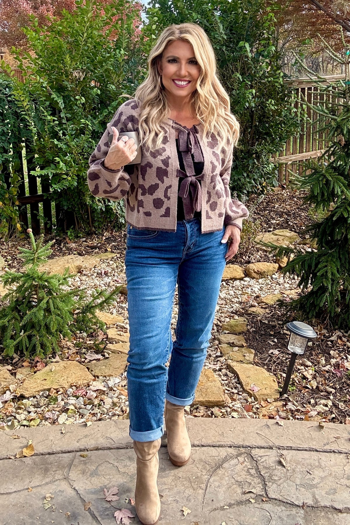 Oaklyn Leopard Patterned Bow Tie Sweater Cardigan : Mocha