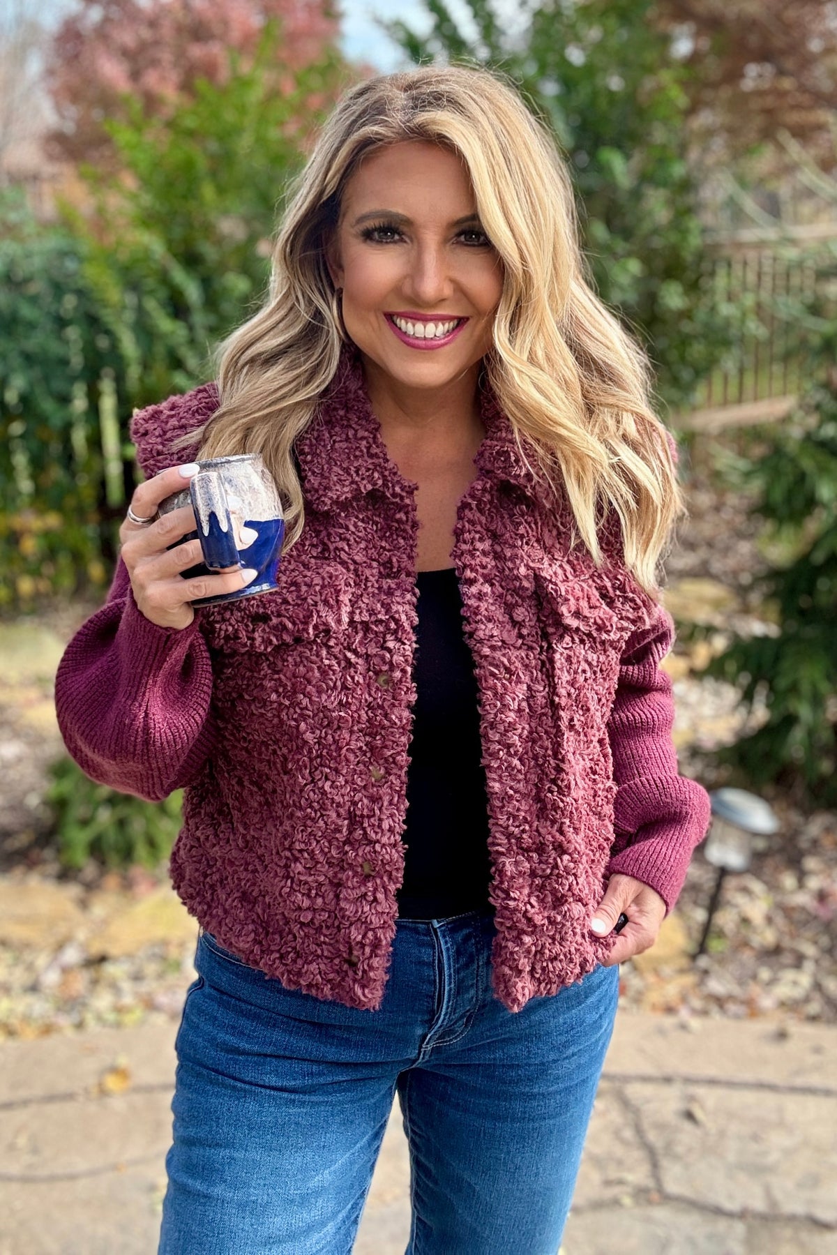 Chiara Mixed Media Sweater Jacket : Burgundy