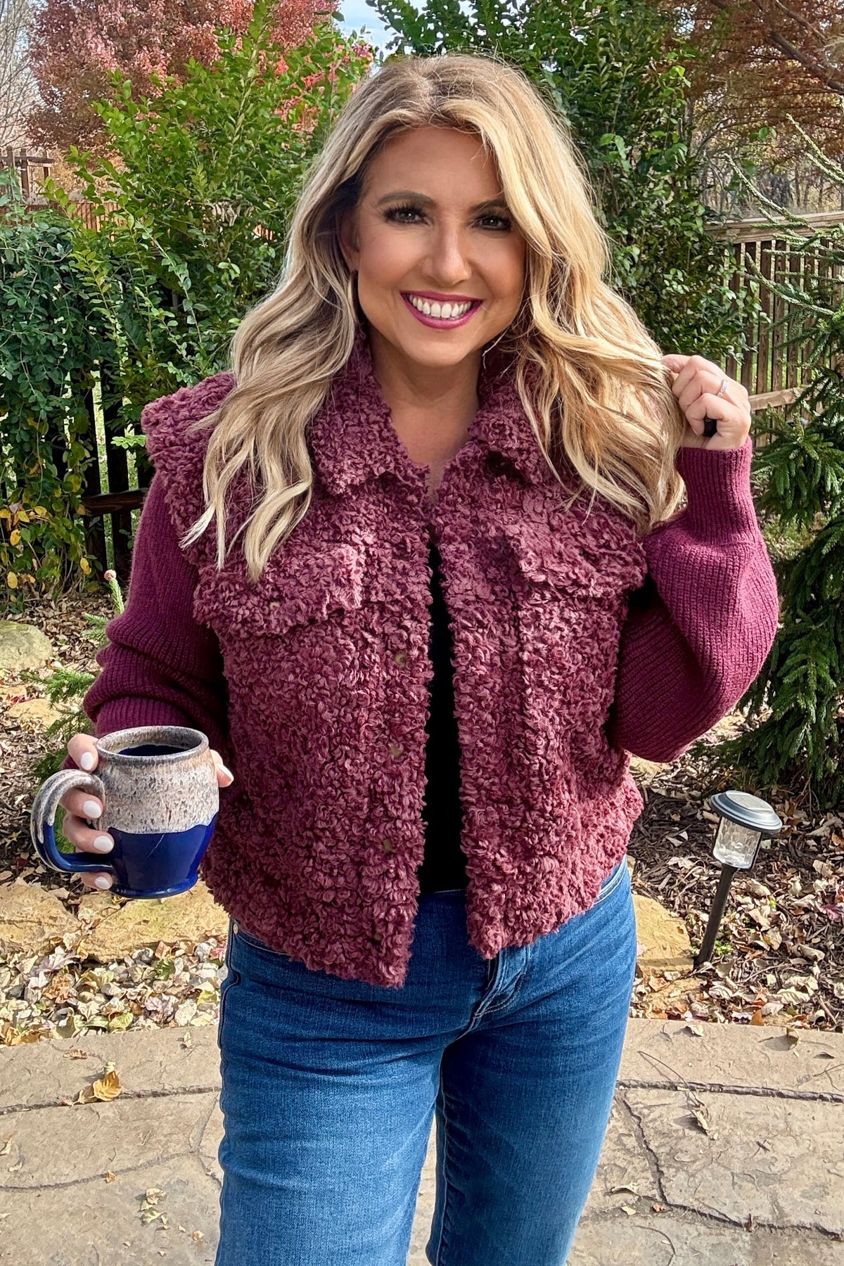 Chiara Mixed Media Sweater Jacket : Burgundy