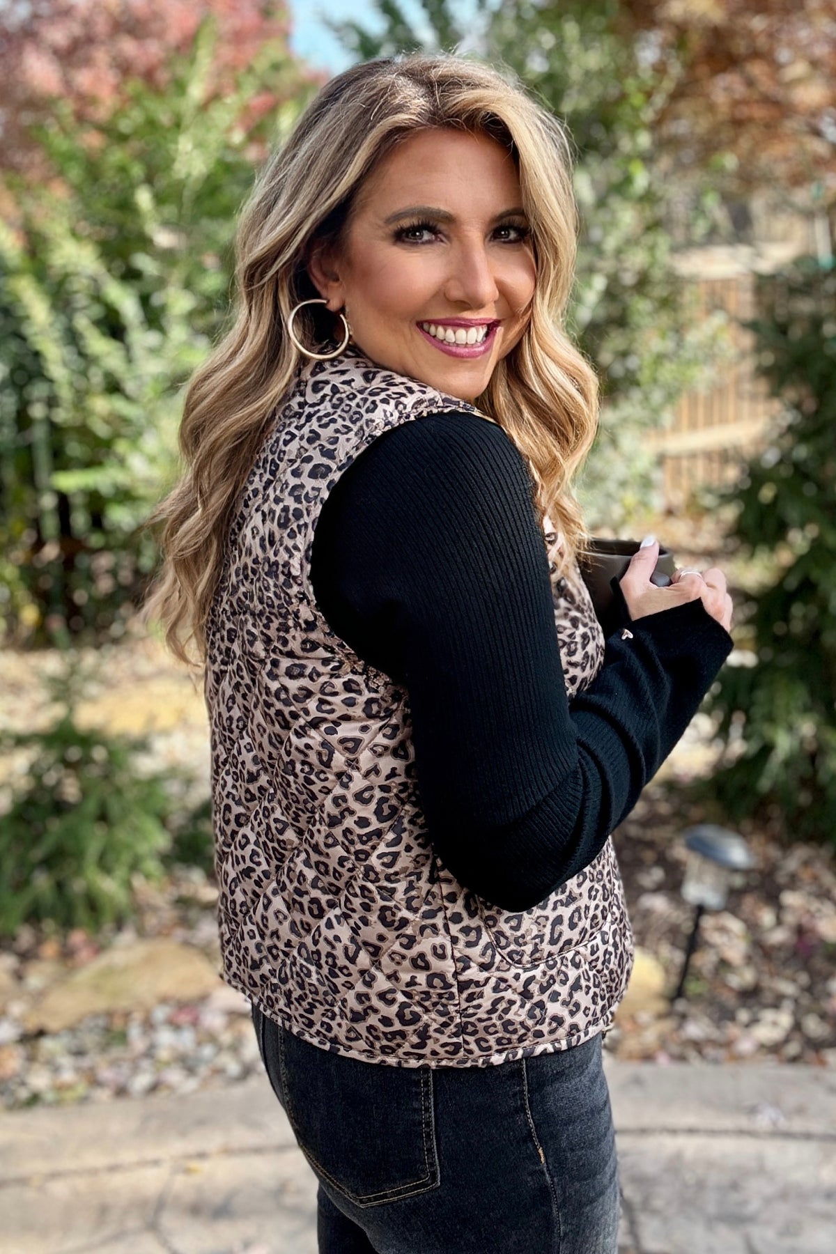 Everest Leopard Print Quilted Tie Front Vest : Brown