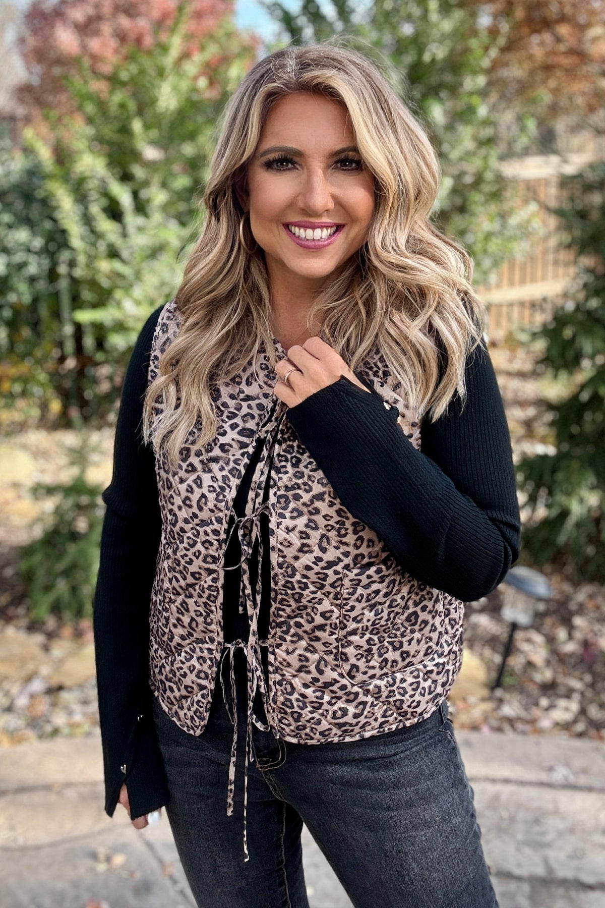 Everest Leopard Print Quilted Tie Front Vest : Brown