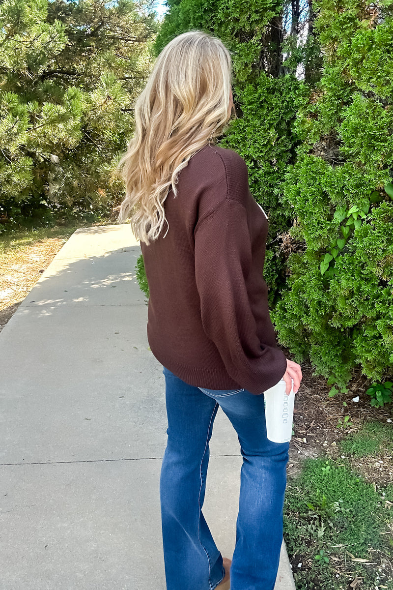 Fall Fave Embroidered Oversized Knit Sweater : Chocolate