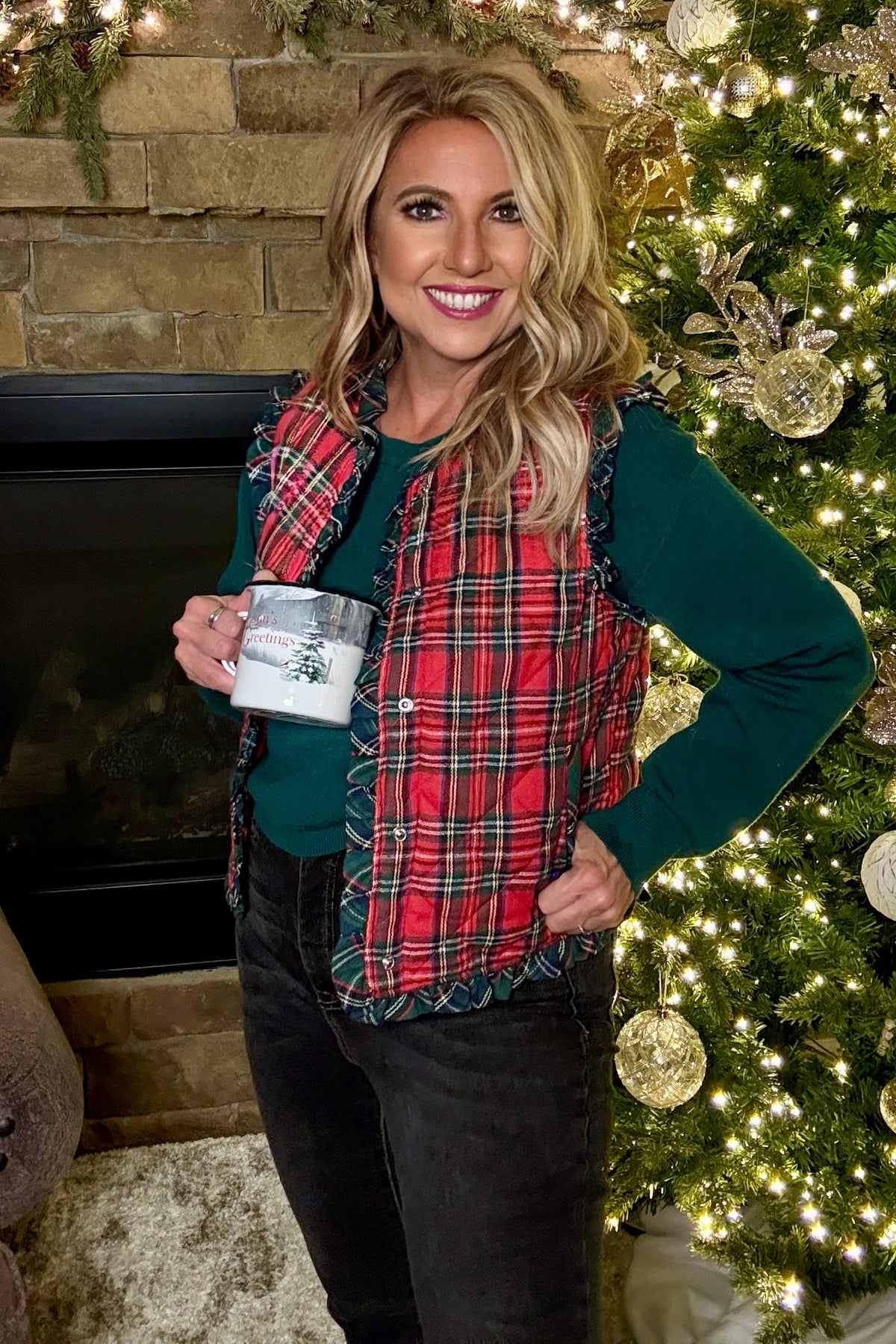 Christmas Tartan Check Quilted Ruffle Vest : Red