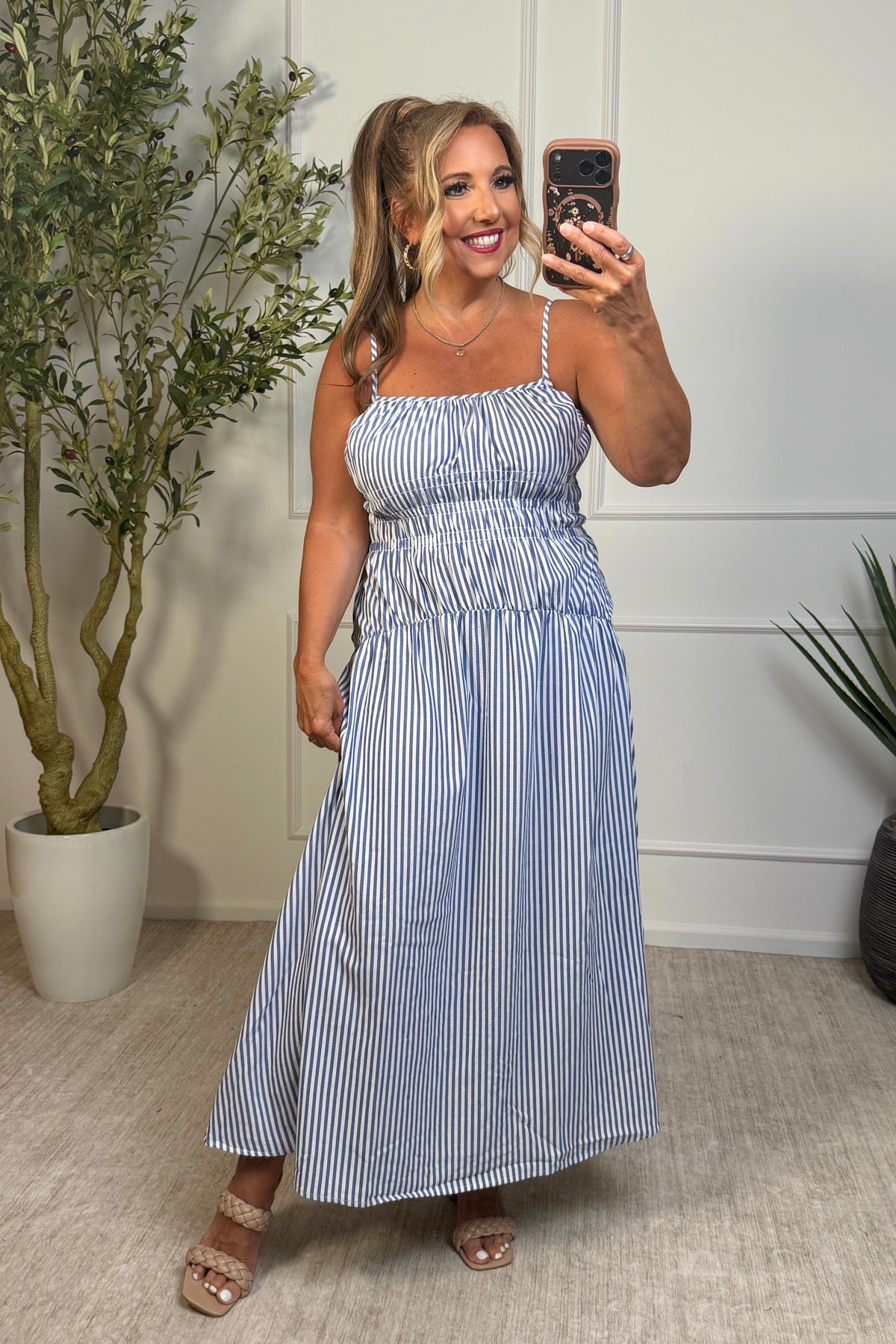 Emberlynn Stripe Spaghetti Strap Long Dress : Navy