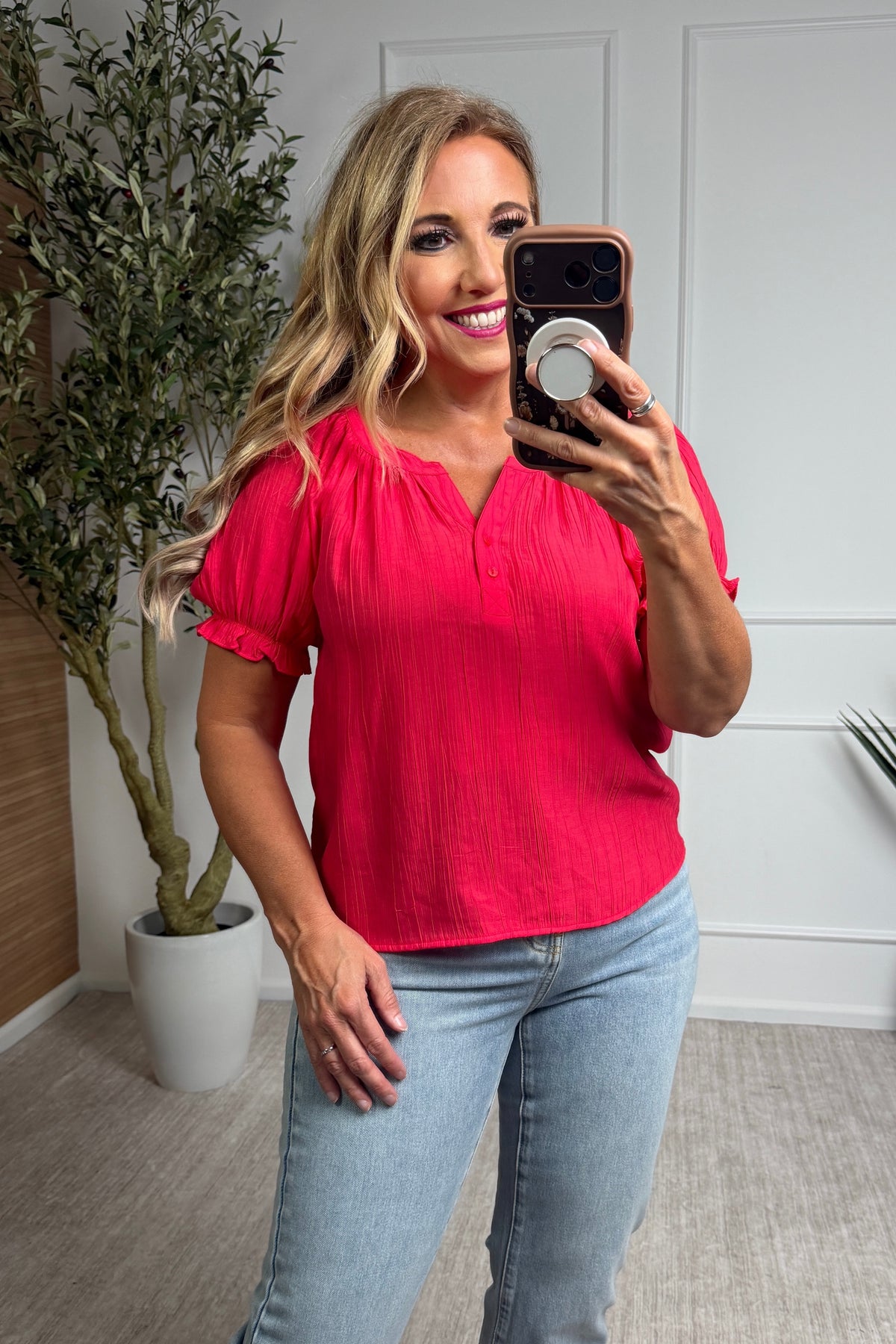 Liverpool Adrianna Short Sleeve Half Placket Woven Blouse : Cherry Rose