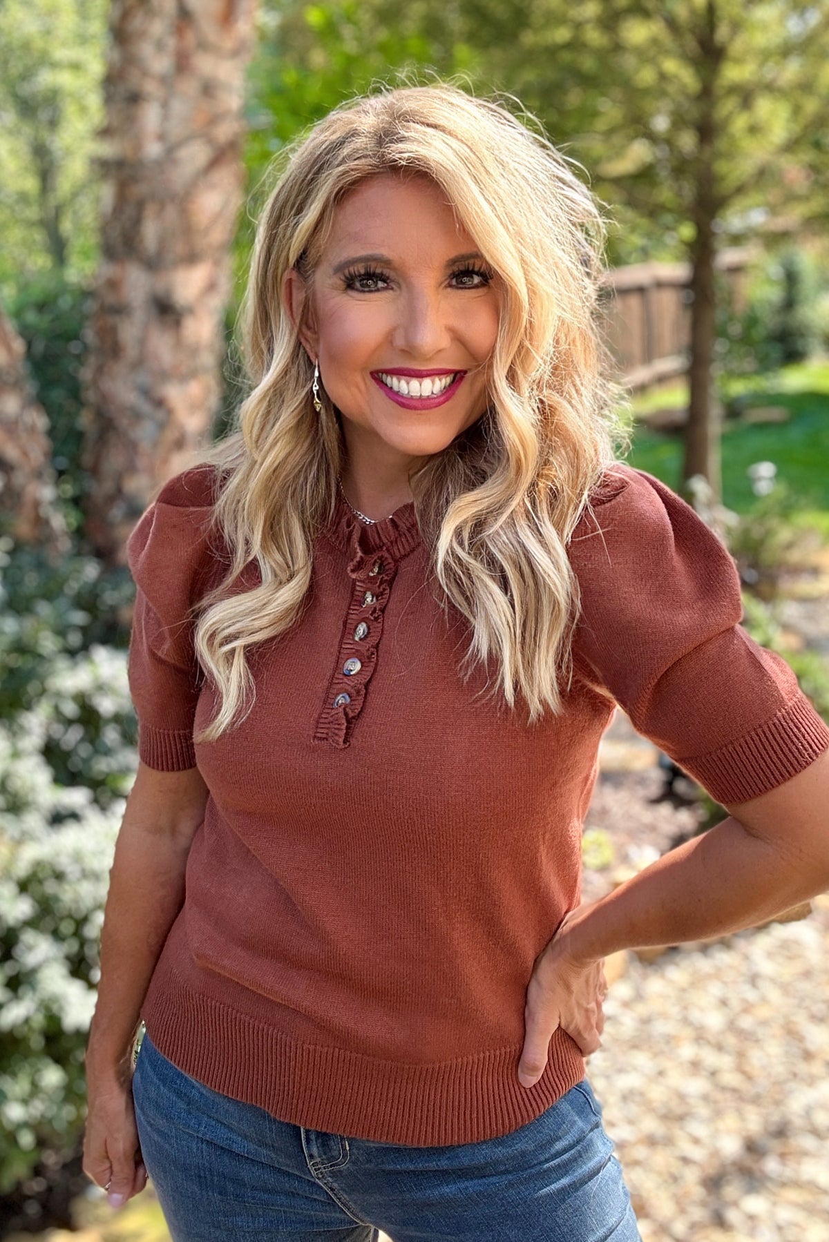 Tanaia Ruffled Neck Top : Cinnamon