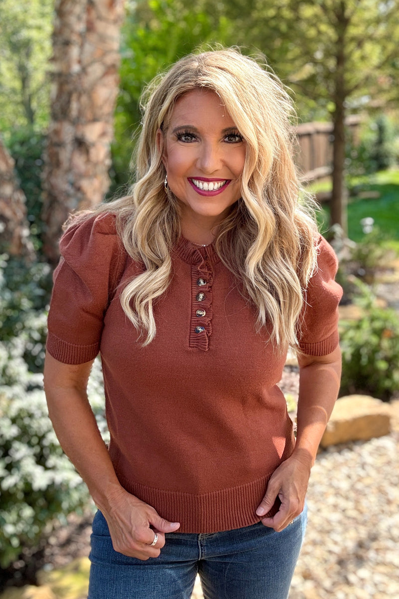 Tanaia Ruffled Neck Top : Cinnamon