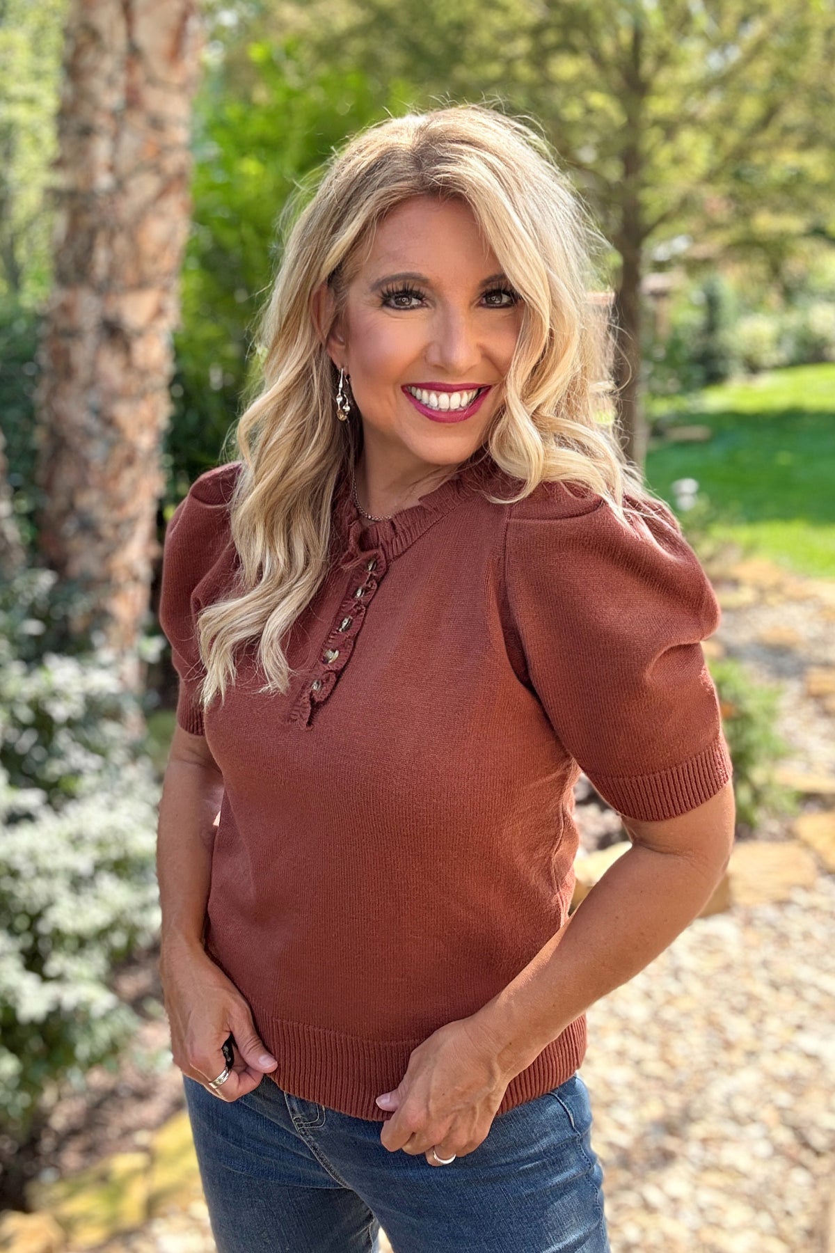 Tanaia Ruffled Neck Top : Cinnamon