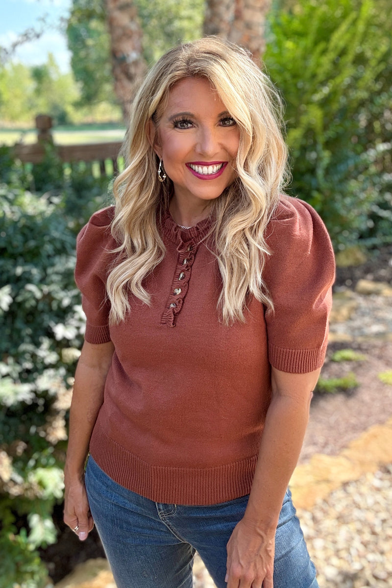 Tanaia Ruffled Neck Top : Cinnamon