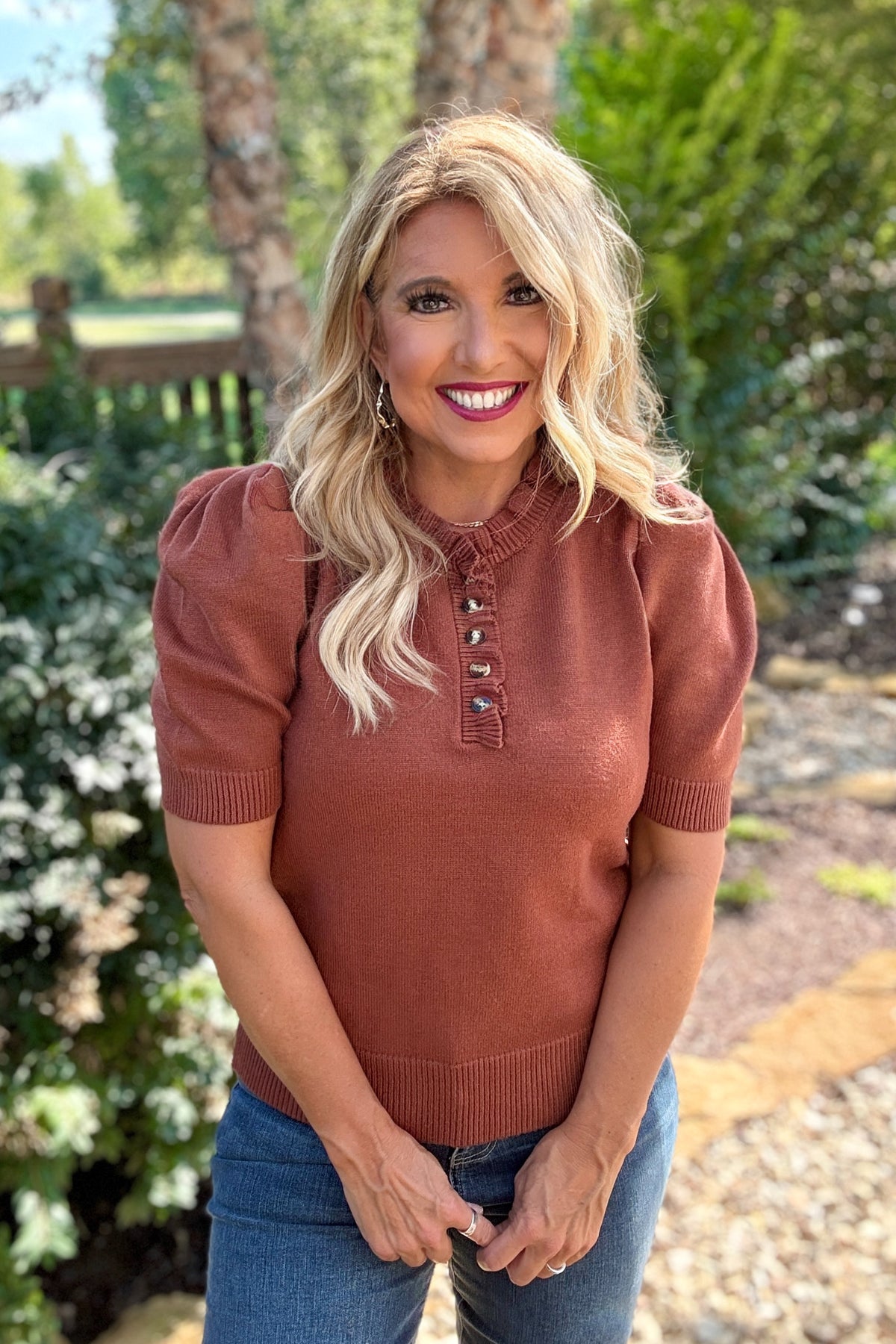 Tanaia Ruffled Neck Top : Cinnamon