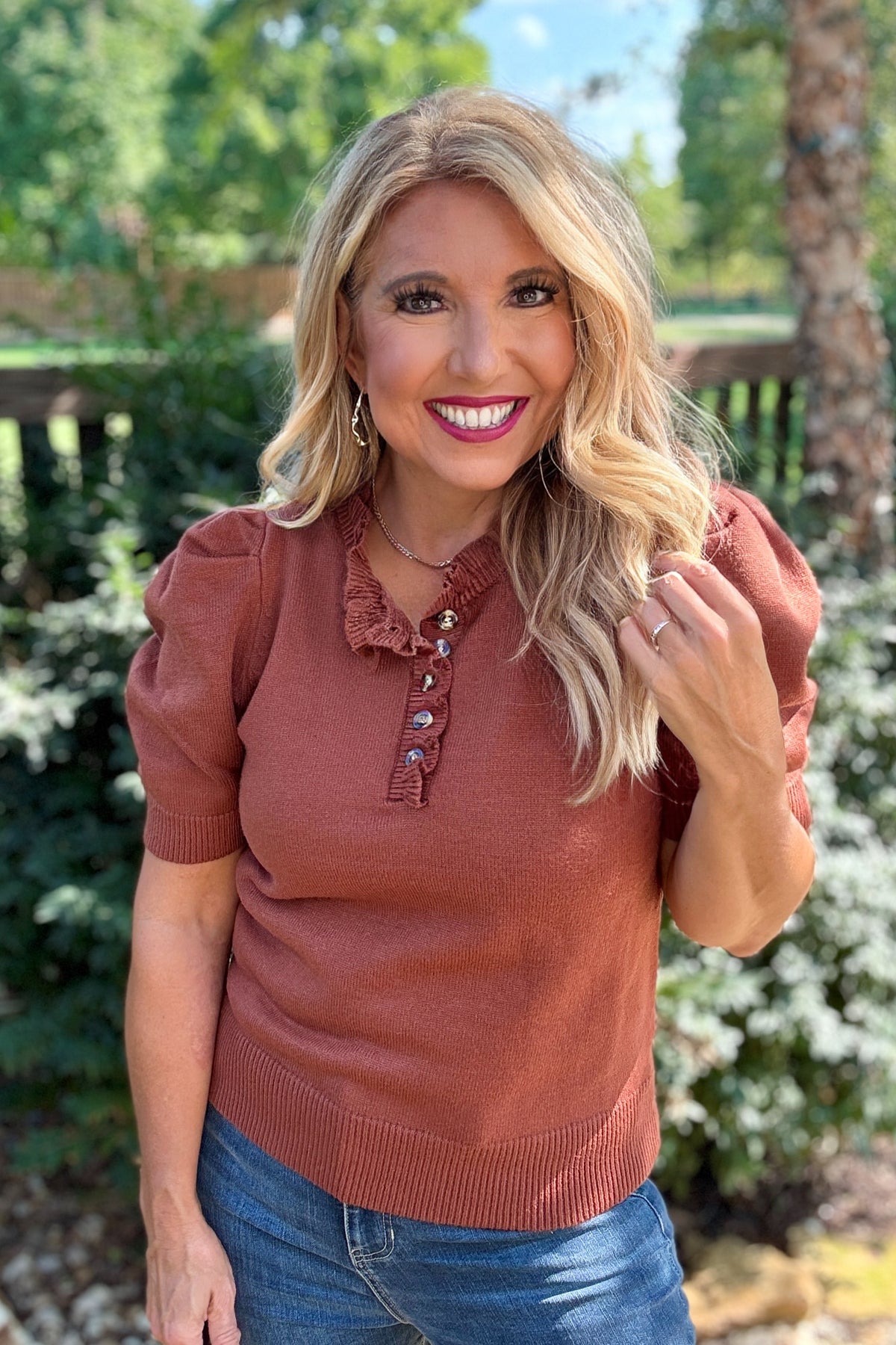 Tanaia Ruffled Neck Top : Cinnamon