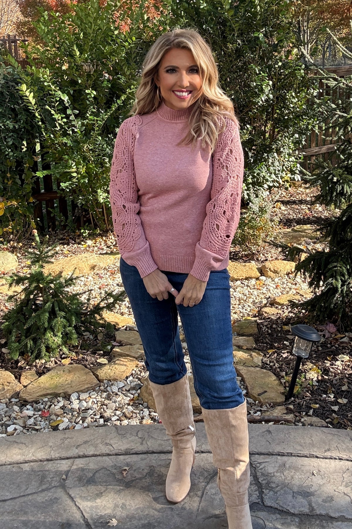 Charlie B Zenon Crochet Sleeve Mock Neck Sweater : Pink