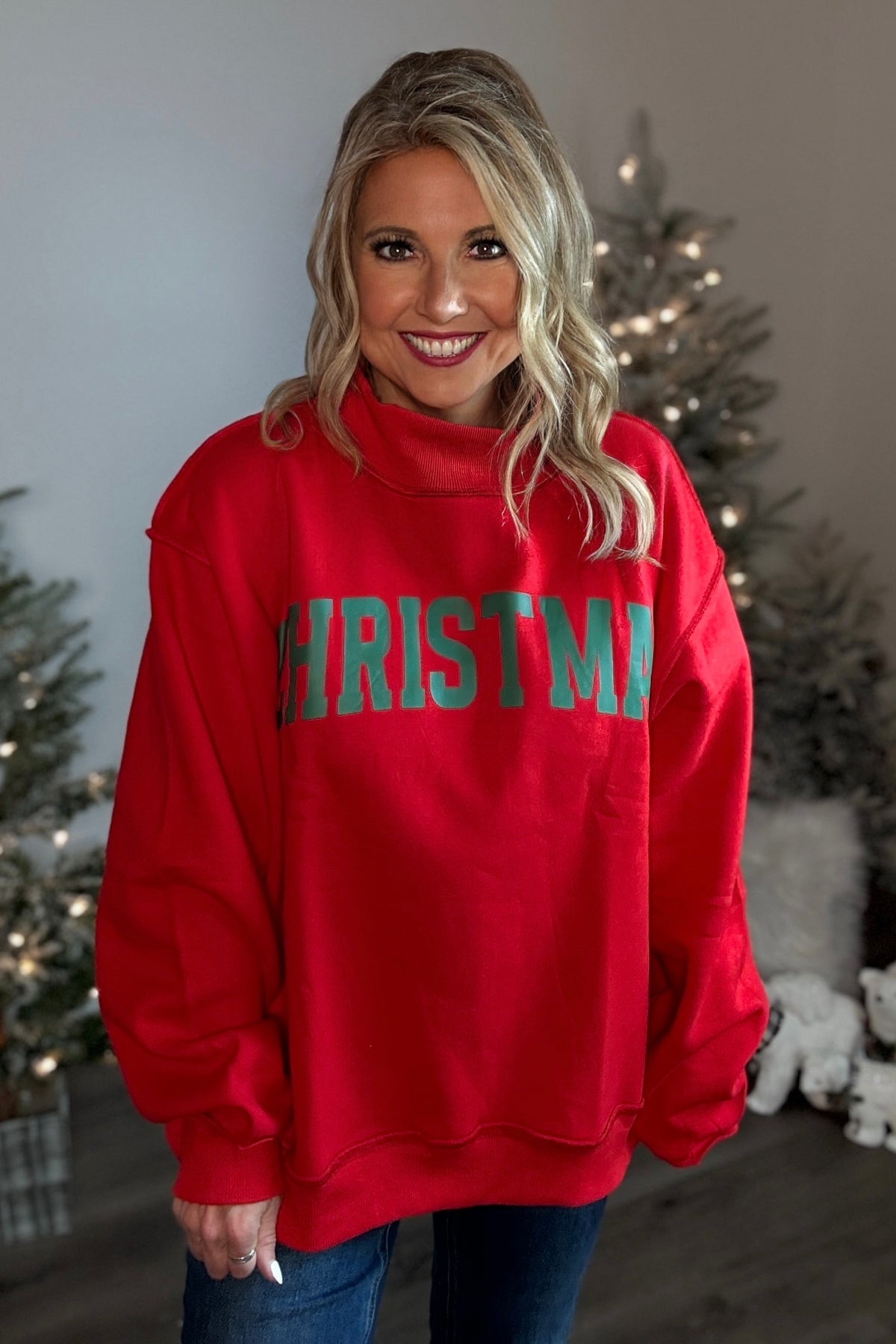 Belle Oversized Mock Neck Christmas Pullover : Red