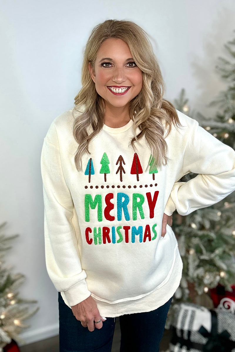 Merry Christmas Tree Sweatshirt: Ivory & Multi