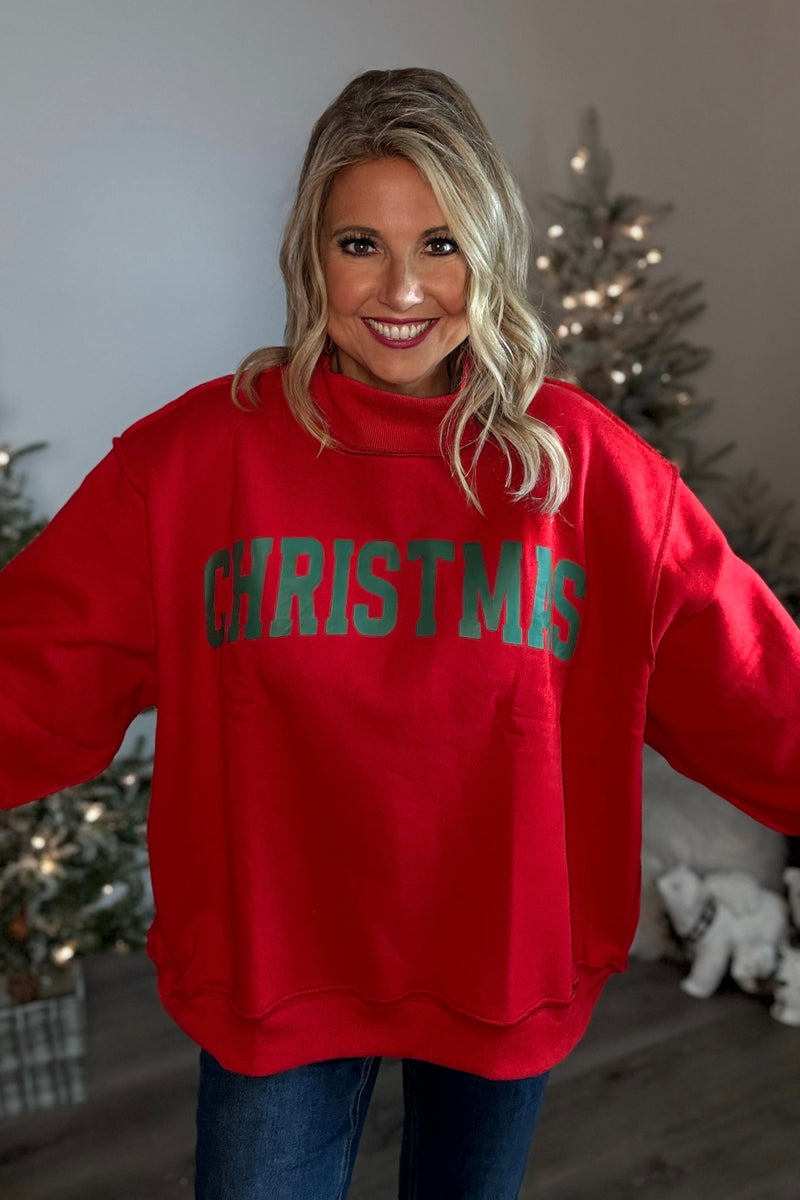 Belle Oversized Mock Neck Christmas Pullover : Red