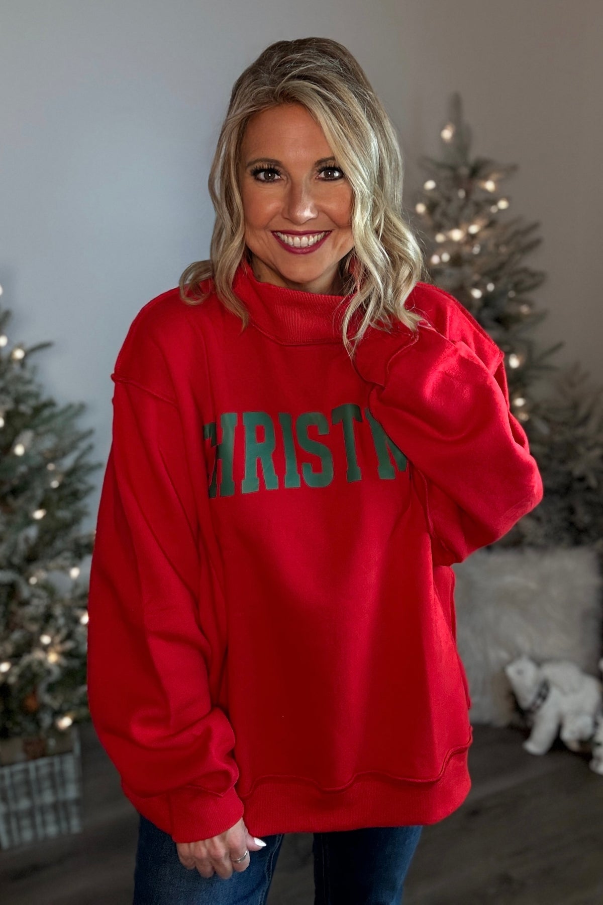 Belle Oversized Mock Neck Christmas Pullover : Red