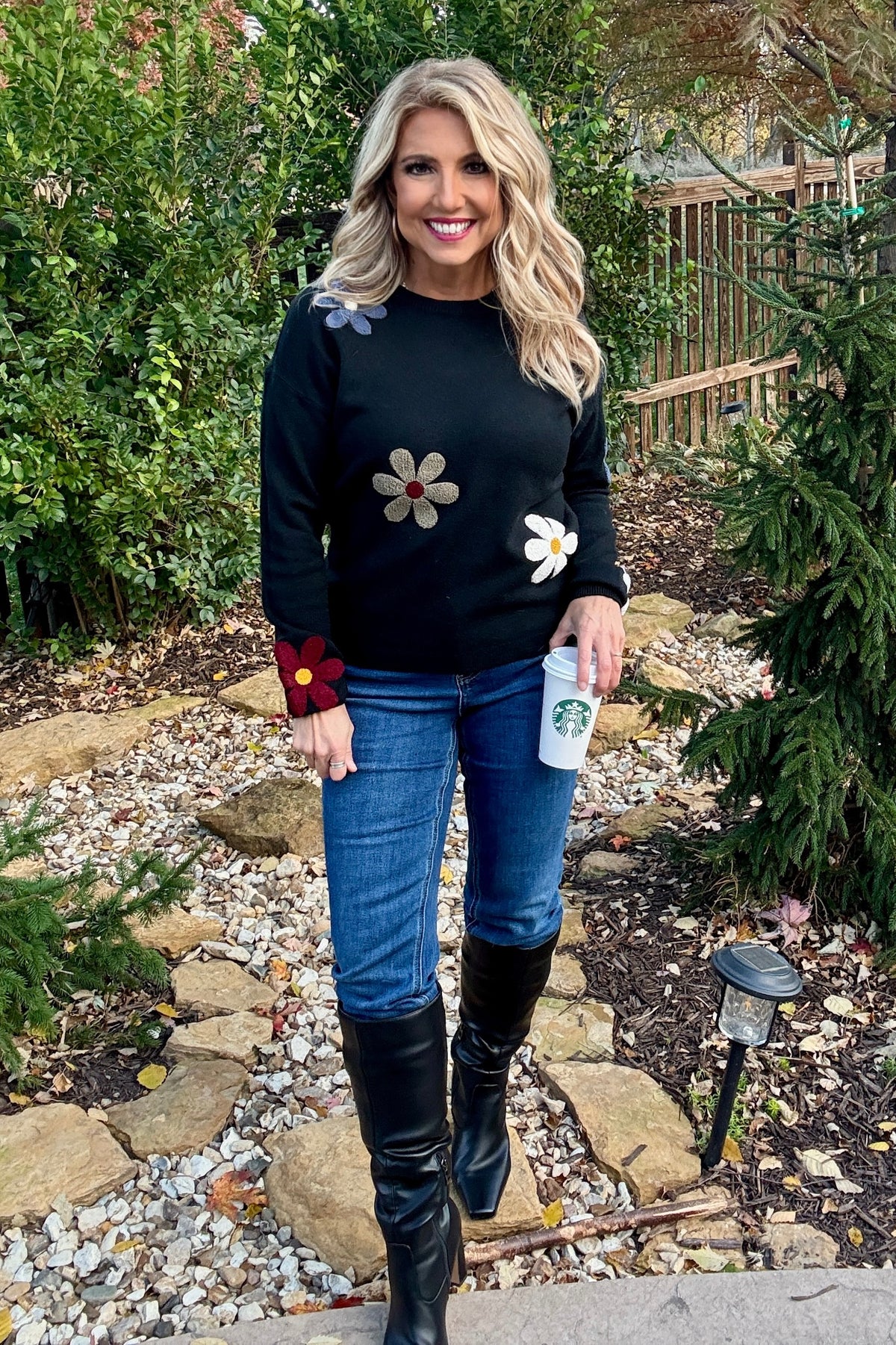 Charlie B Cheney Super Plush Flower Sweater : Black