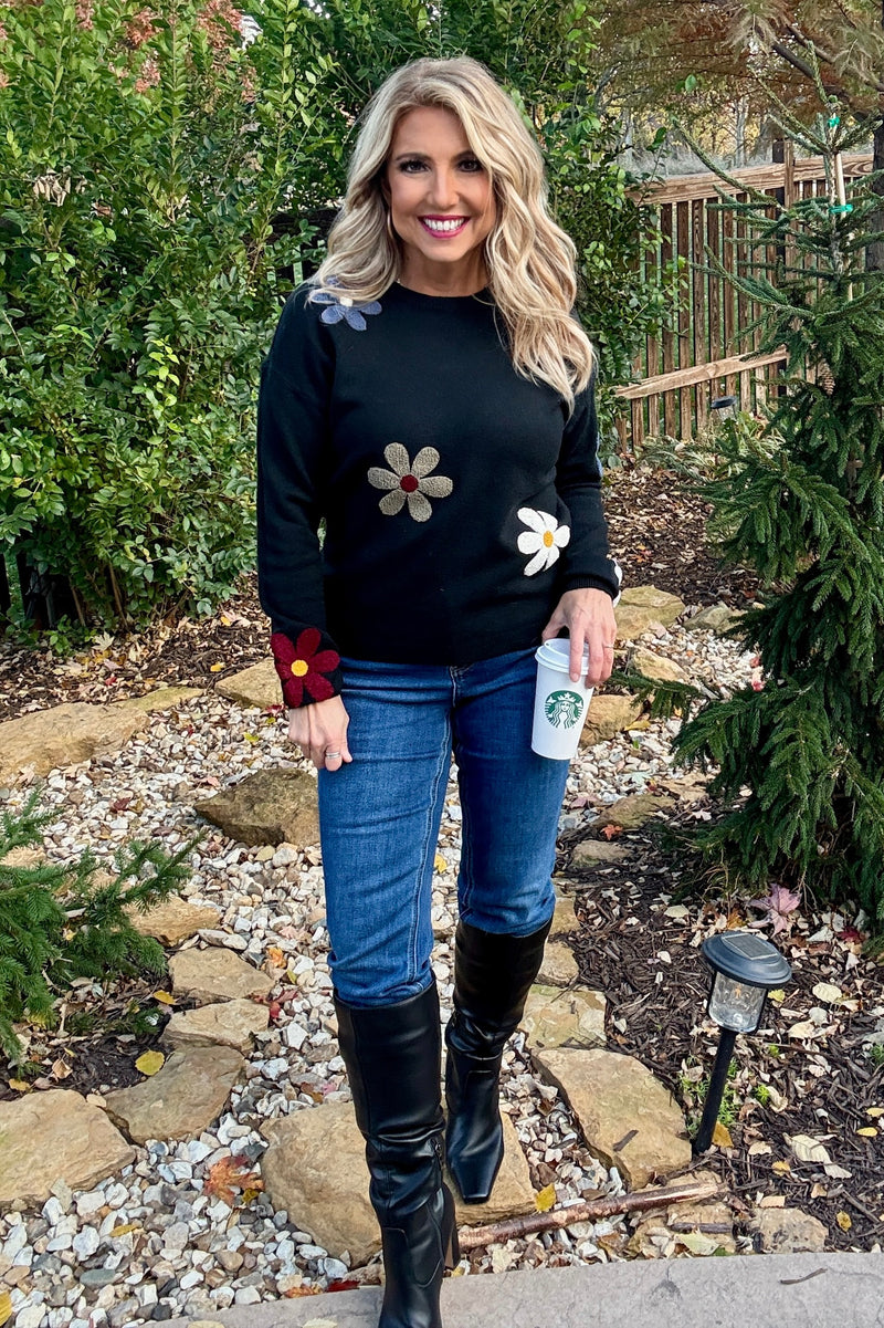 Charlie B Cheney Super Plush Flower Sweater : Black