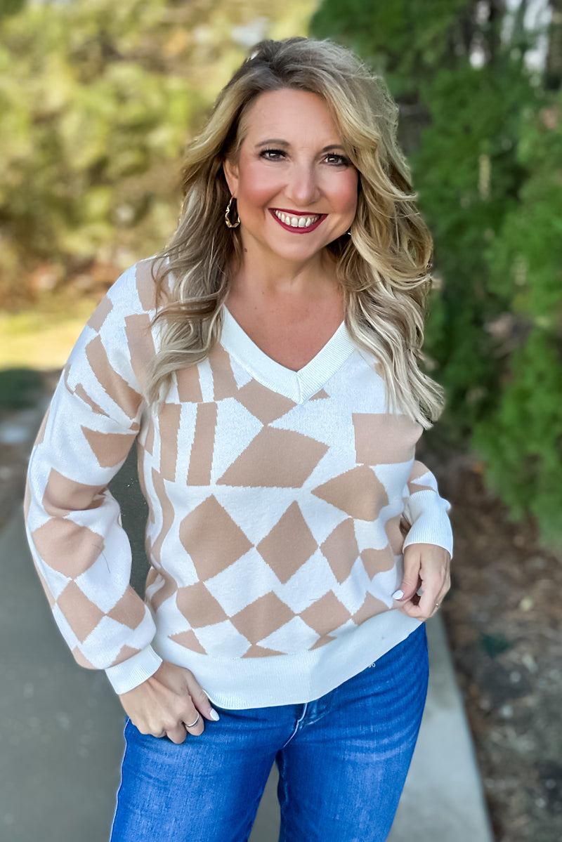 Gilly Tribal V Neck Sweater : Beige