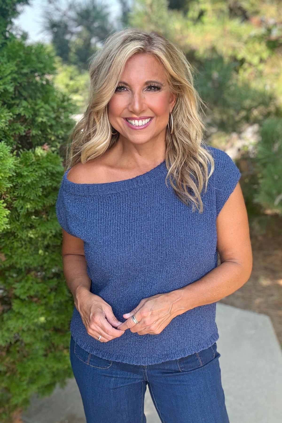 Carazon One Shoulder Sweater Top : Navy