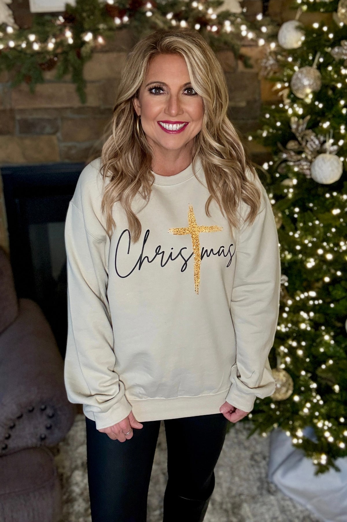 Gold Cross Christmas Crew Neck Sweatshirt : Tan