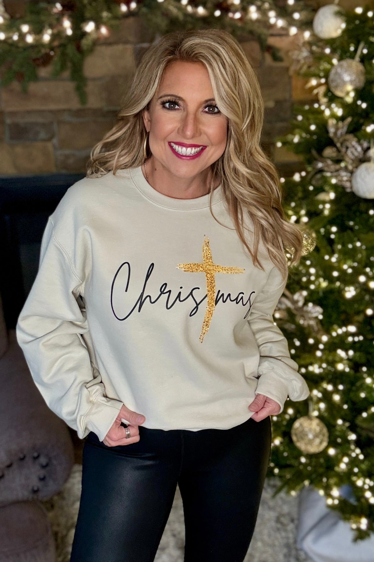 Gold Cross Christmas Crew Neck Sweatshirt : Tan