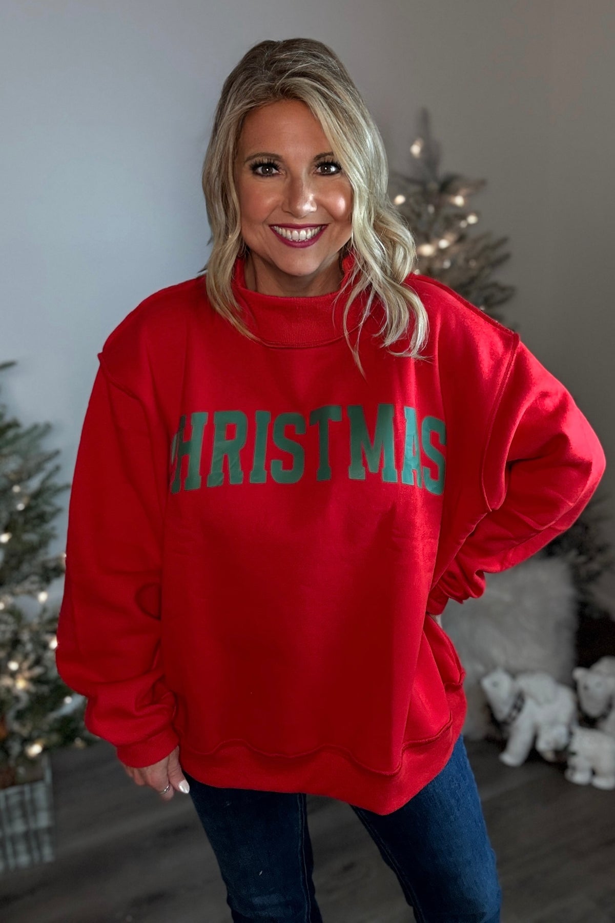 Belle Oversized Mock Neck Christmas Pullover : Red