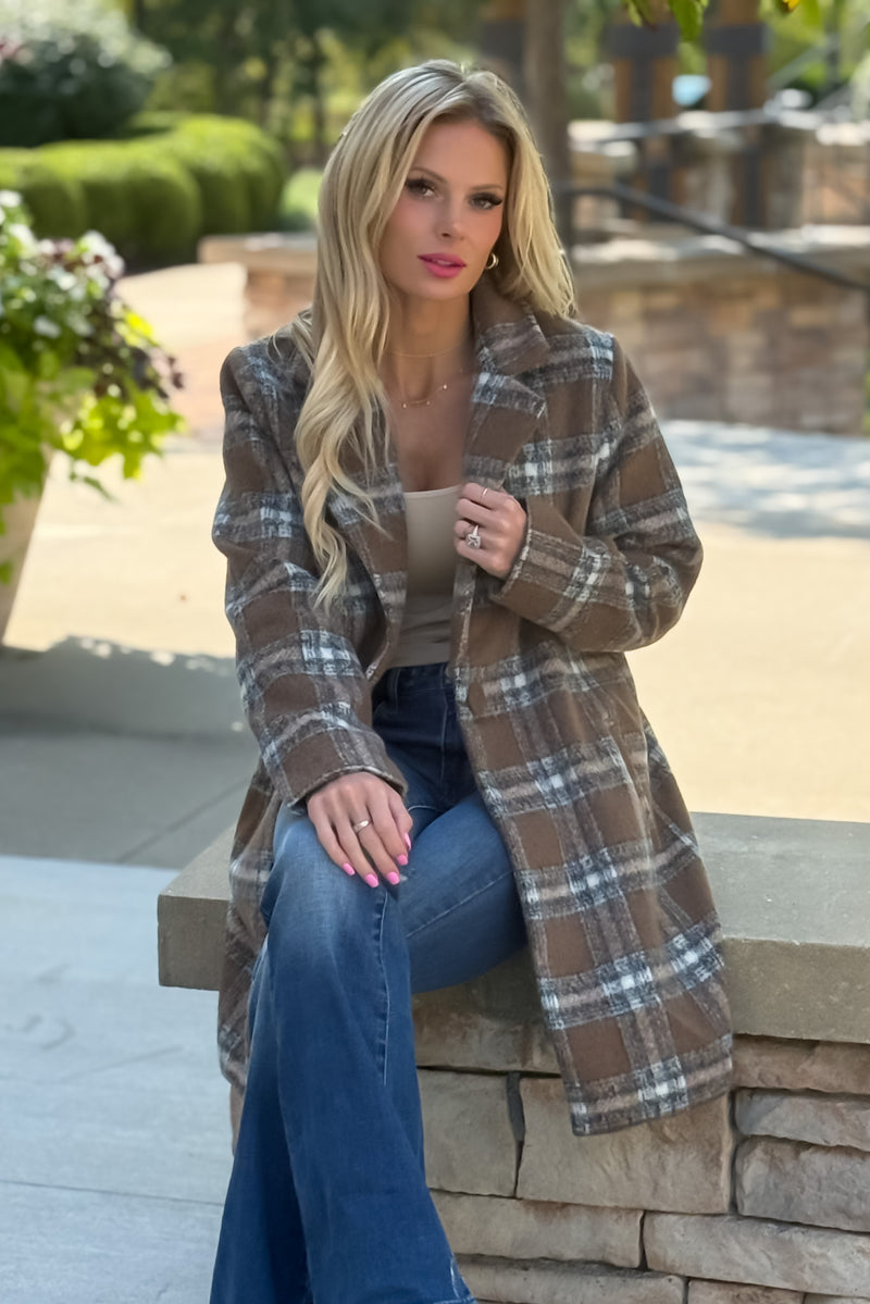Taylee Long Plaid Single Button Coat : Brown