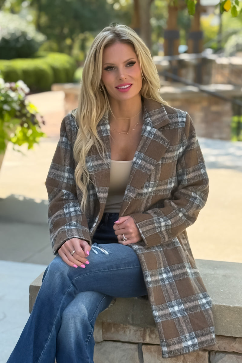 Taylee Long Plaid Single Button Coat : Brown