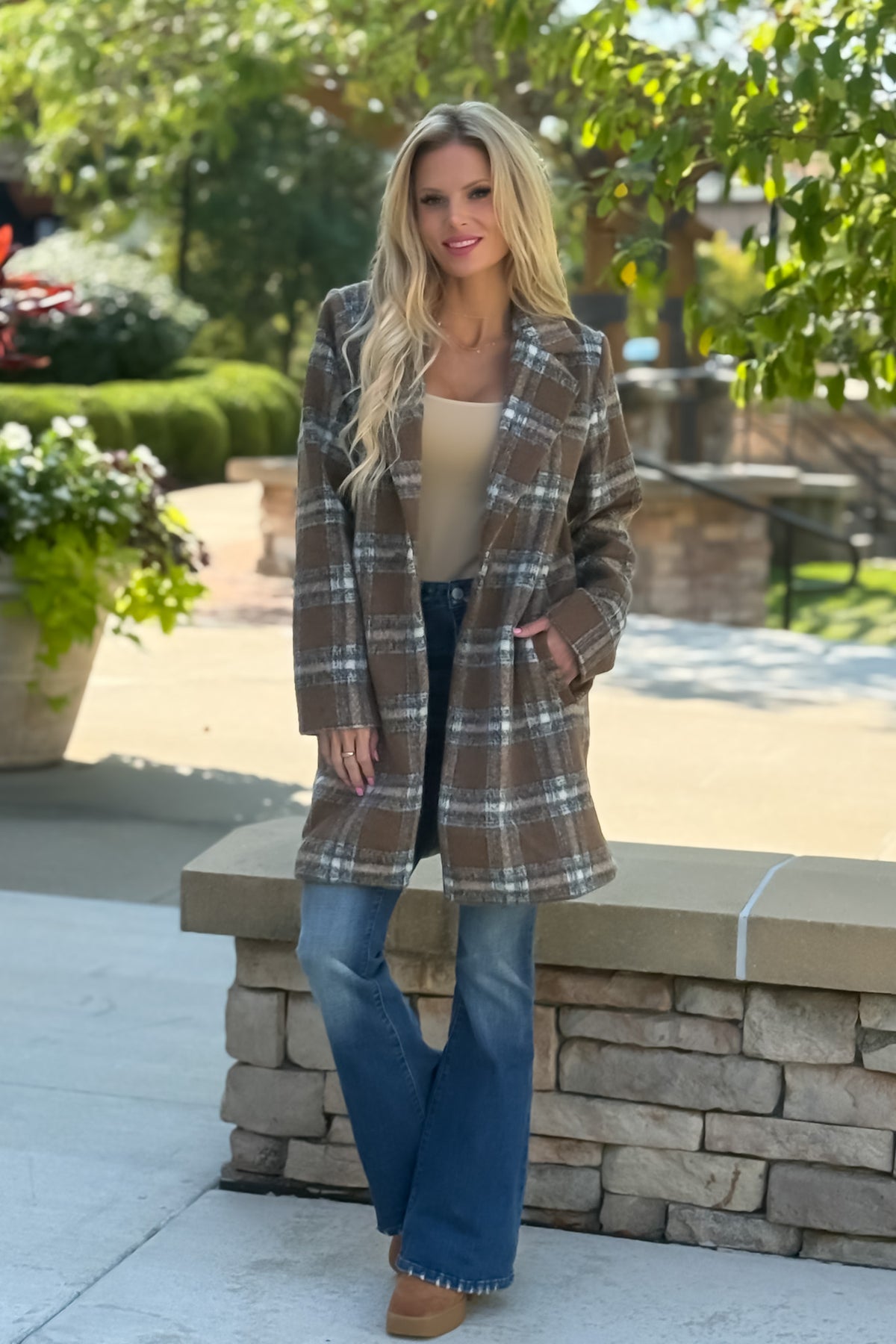 Taylee Long Plaid Single Button Coat : Brown