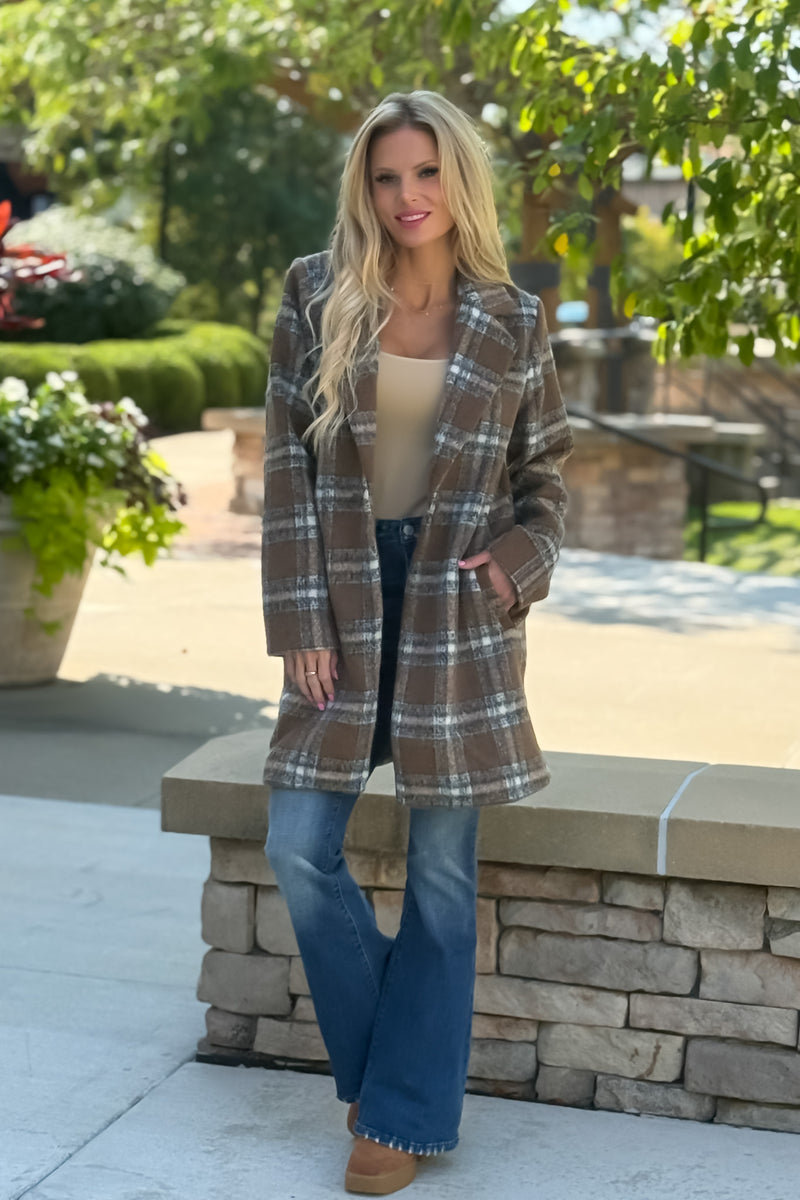 Taylee Long Plaid Single Button Coat : Brown