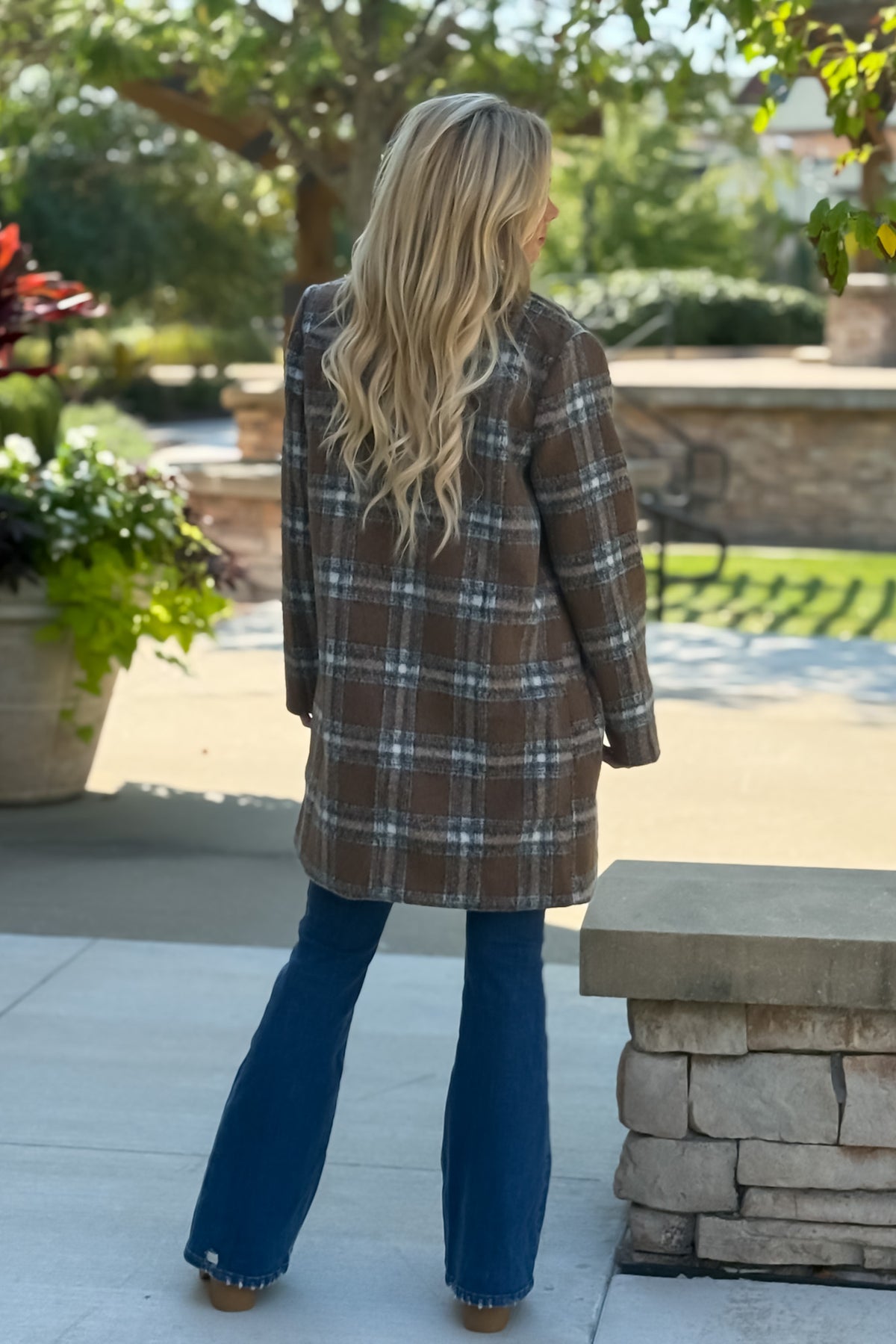 Taylee Long Plaid Single Button Coat : Brown