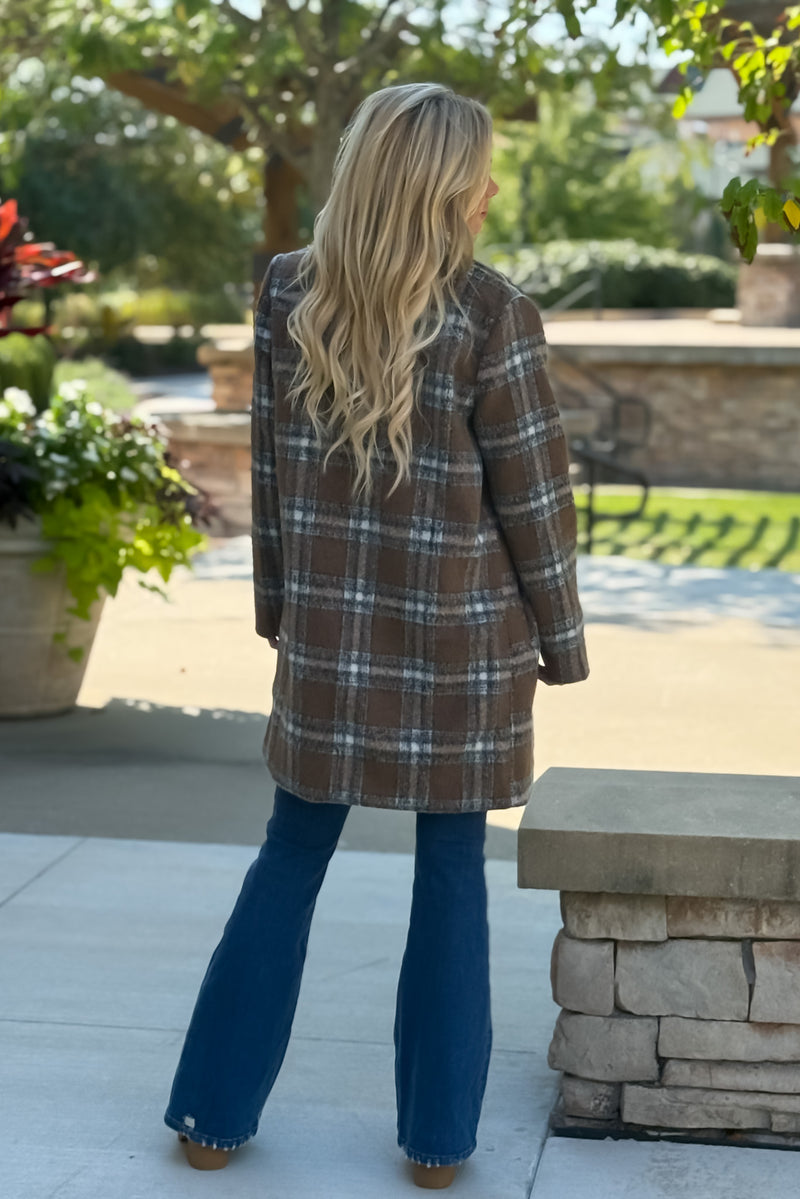 Taylee Long Plaid Single Button Coat : Brown