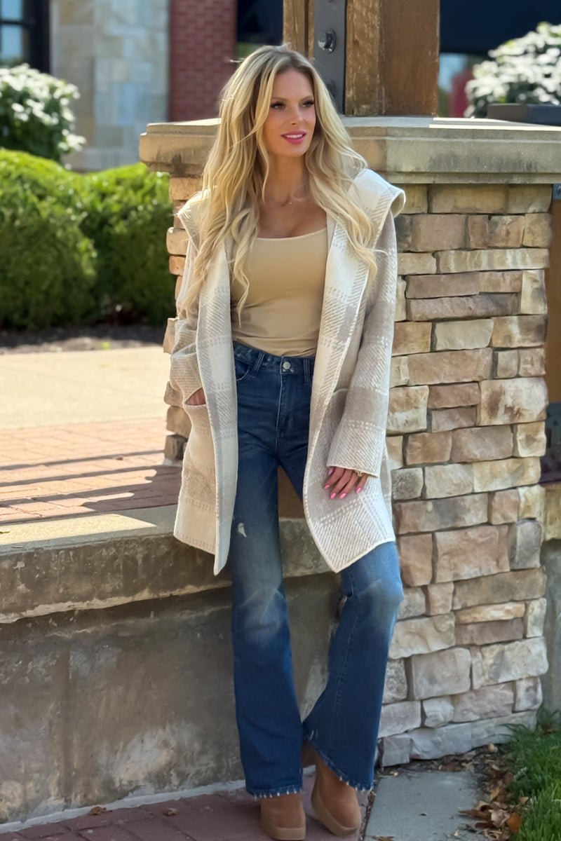 Lyric Cozy Plaid Sweater Hoodie Cardigan : Sand