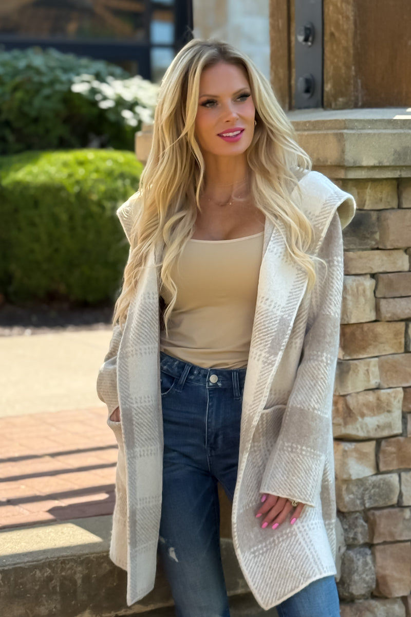 Lyric Cozy Plaid Sweater Hoodie Cardigan : Sand