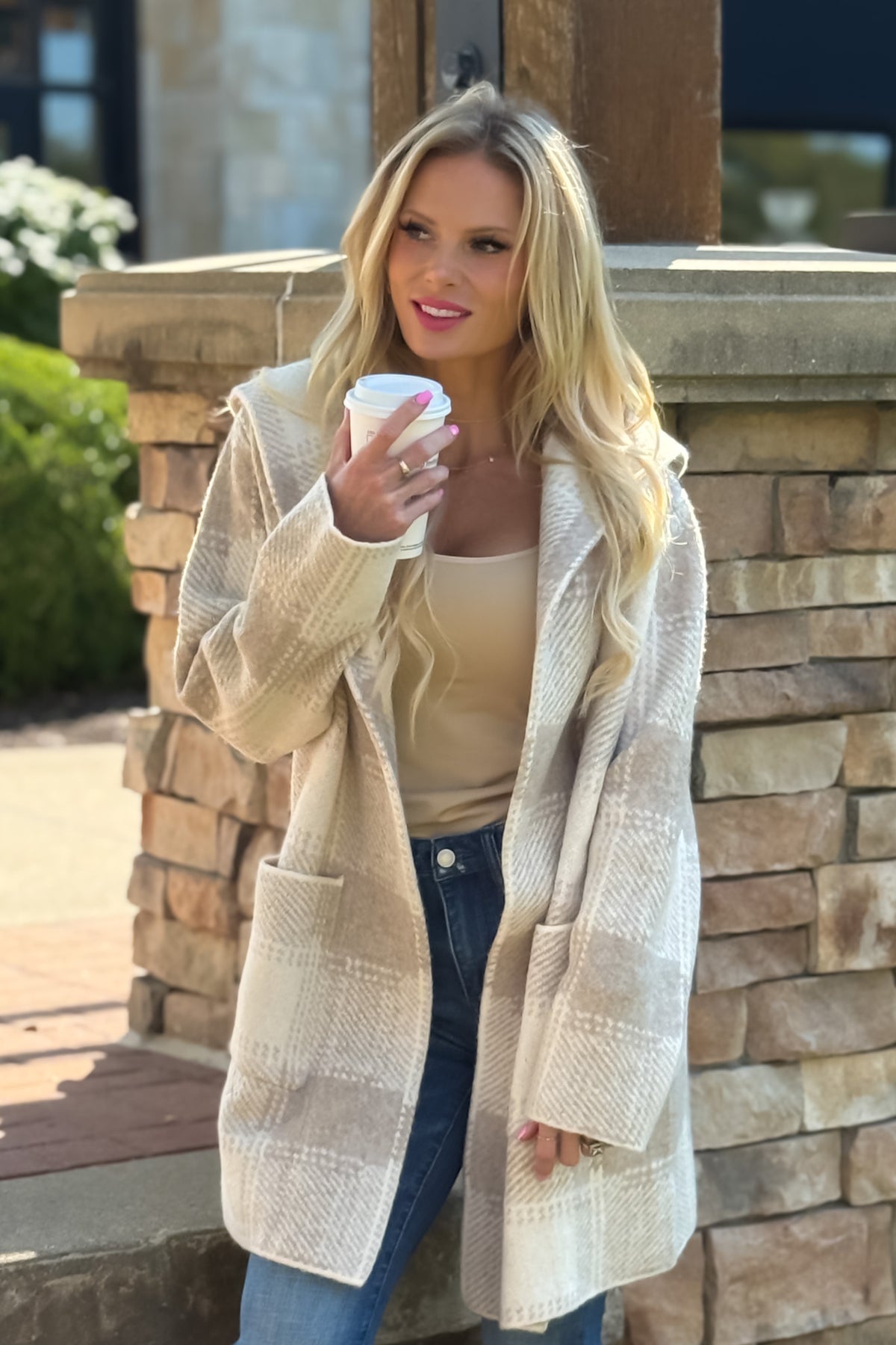 Lyric Cozy Plaid Sweater Hoodie Cardigan : Sand