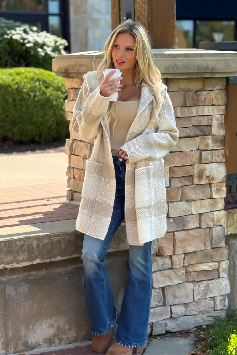 Lyric Cozy Plaid Sweater Hoodie Cardigan : Sand