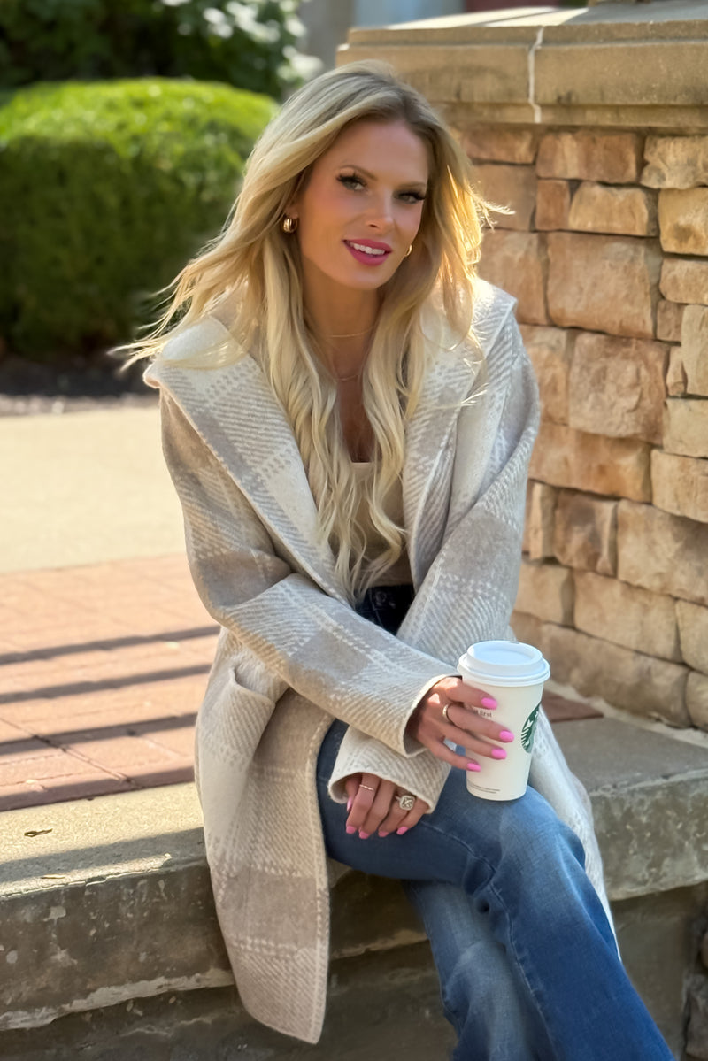 Lyric Cozy Plaid Sweater Hoodie Cardigan : Sand